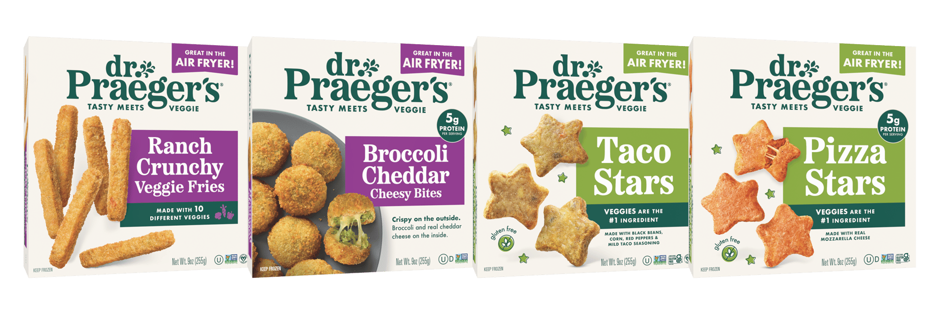 Four Dr. Praeger's veggie product boxes: Ranch Fries, Broccoli Bites, Taco Stars, and Pizza Stars.