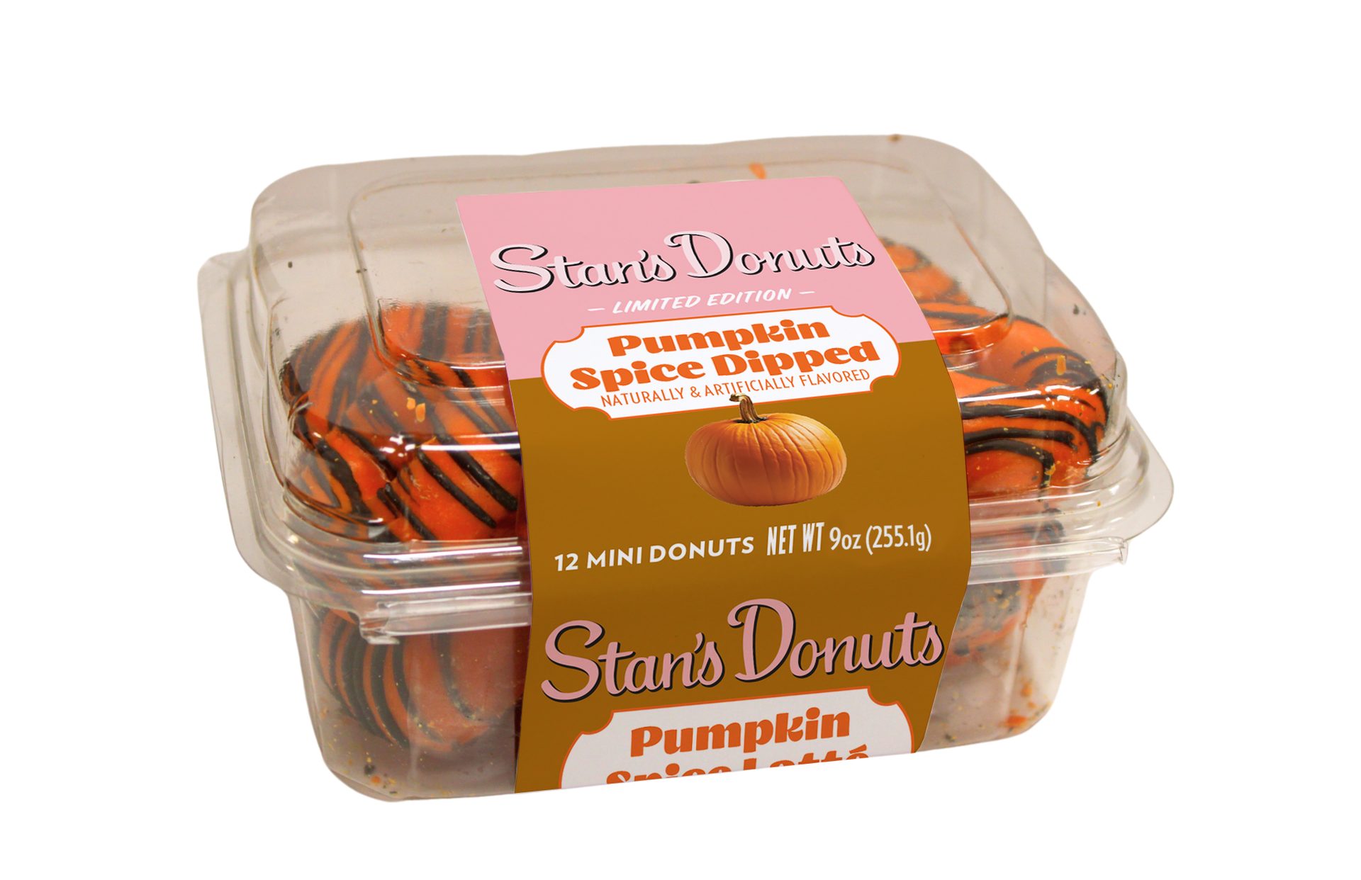 Container of 12 Stan's Donuts Pumpkin Spice Dipped mini donuts, orange with black stripes.