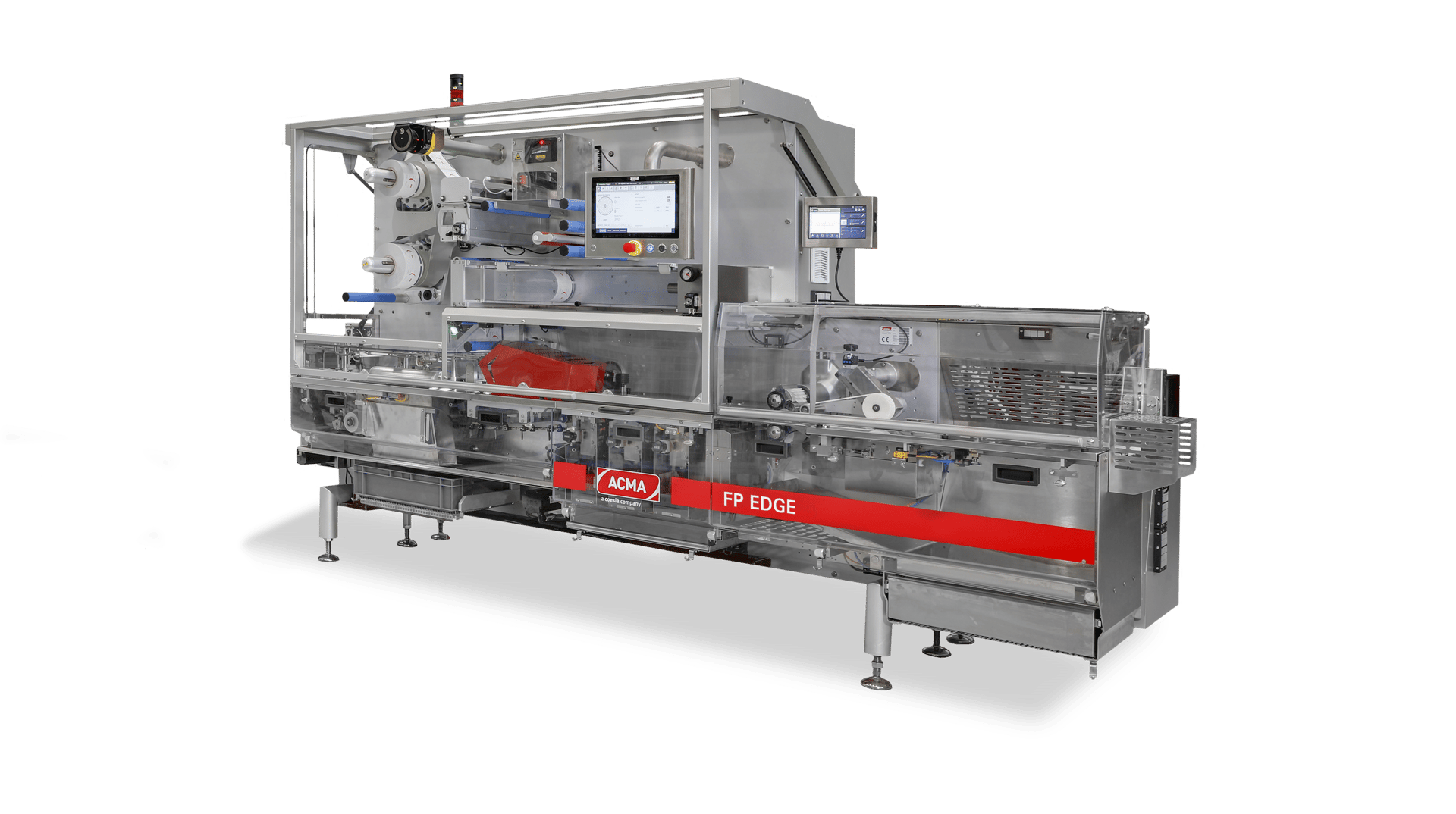ACMA FP EDGE industrial packaging machine, silver, with clear panels and operator screens.
