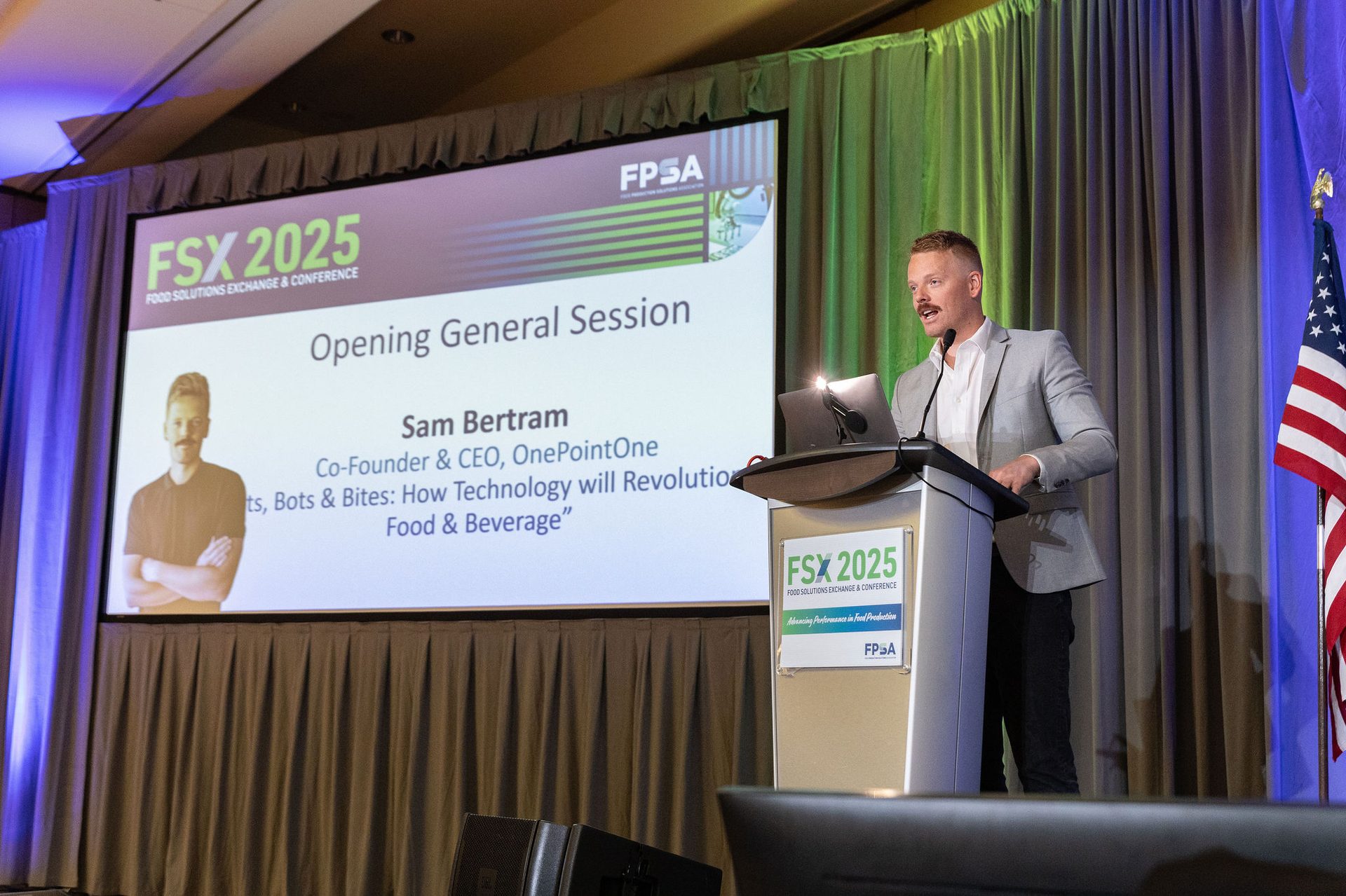 Sam Bertram speaks at FSX 2025 conference, presenting on food & beverage technology.