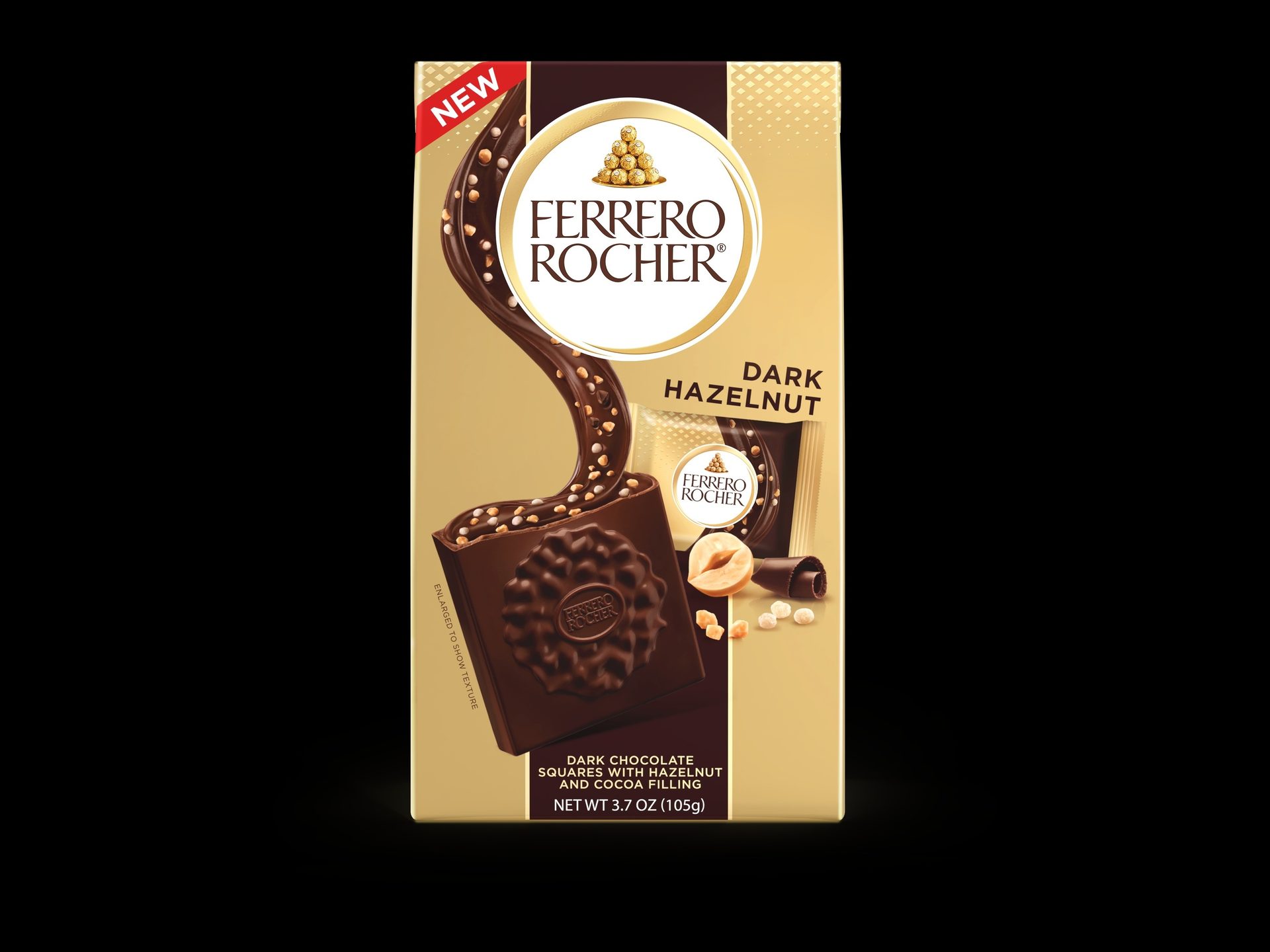 New Ferrero Rocher Dark Hazelnut chocolate squares box, 3.7 oz (105g).