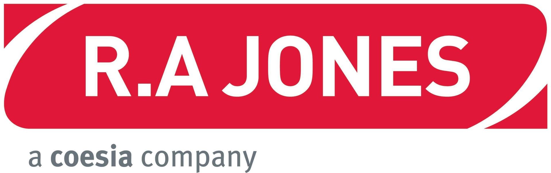 Logo, Red rectangle, White text, Grey text
