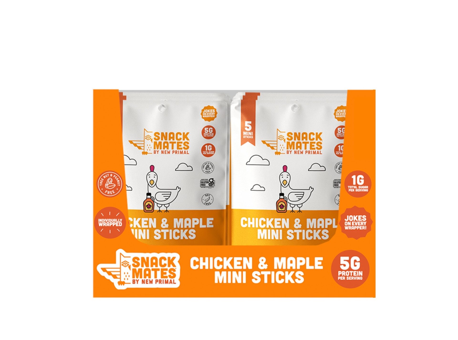 Two packs of Snack Mates Chicken & Maple Mini Sticks, highlighting 5G protein, 1G sugar, and allergy-friendly claims.