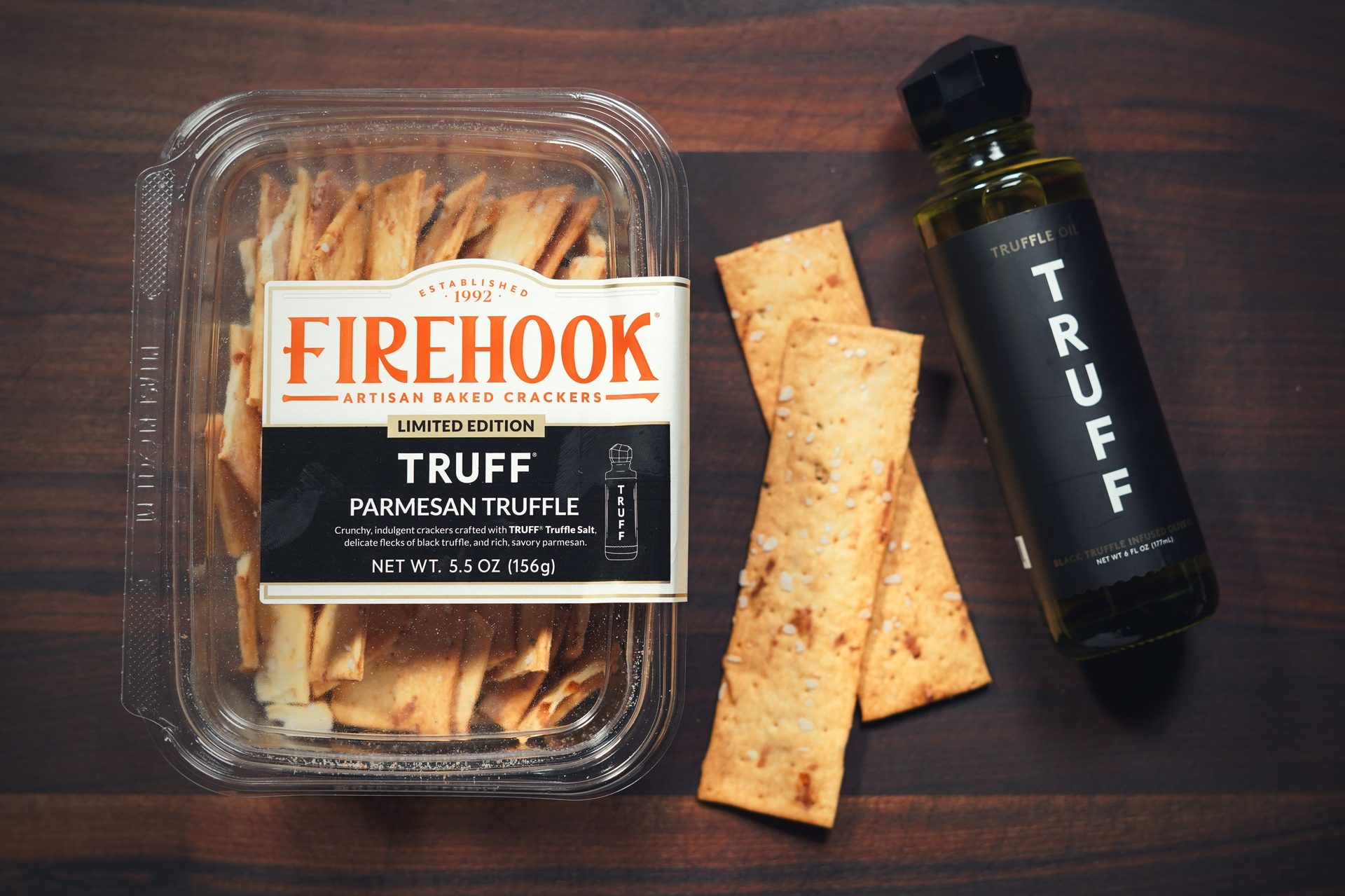 Firehook Parmesan Truffle crackers and Truff oil.