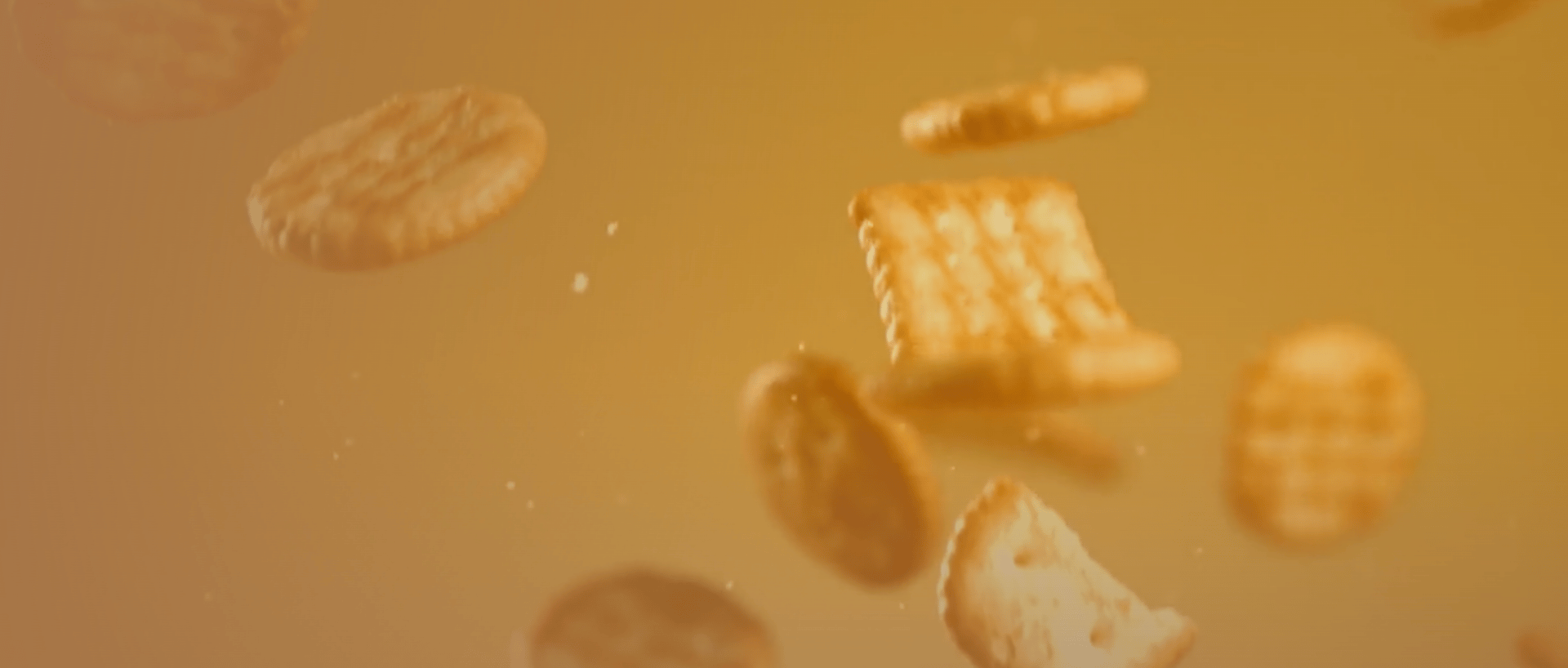 Crackers (round, square, broken) and crumbs suspended in an orange-hued space.