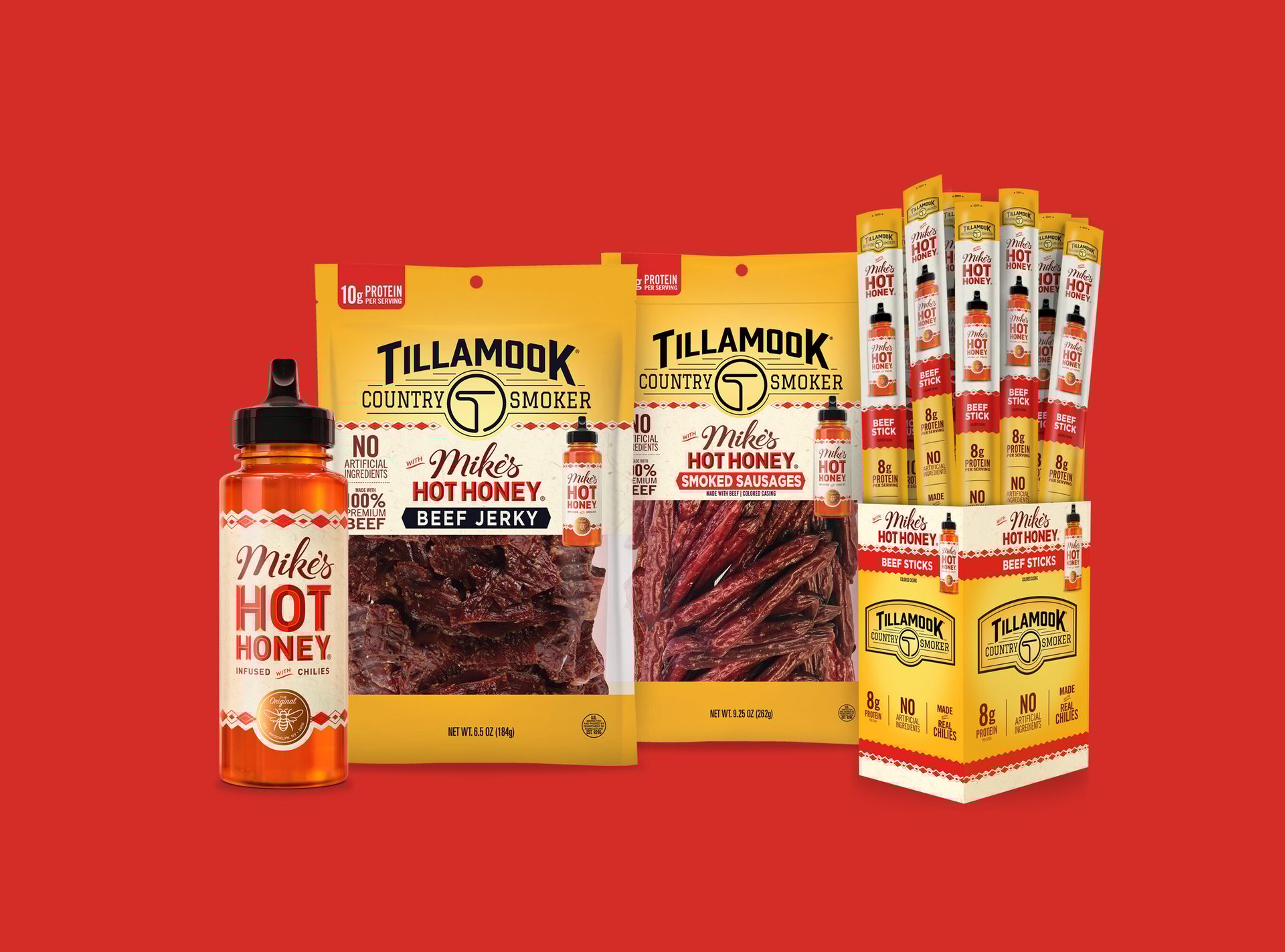 Tillamook Country Smoker spicy beef jerky with Mike’s Hot Honey, in yellow packaging