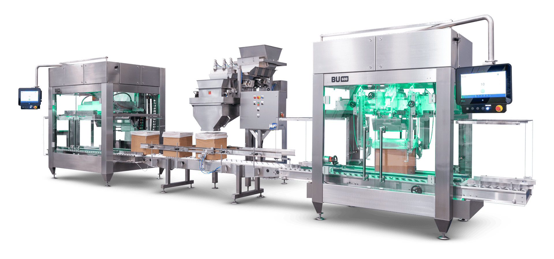 Industrial stainless steel packaging line with conveyors and touchscreens, filling cardboard boxes.