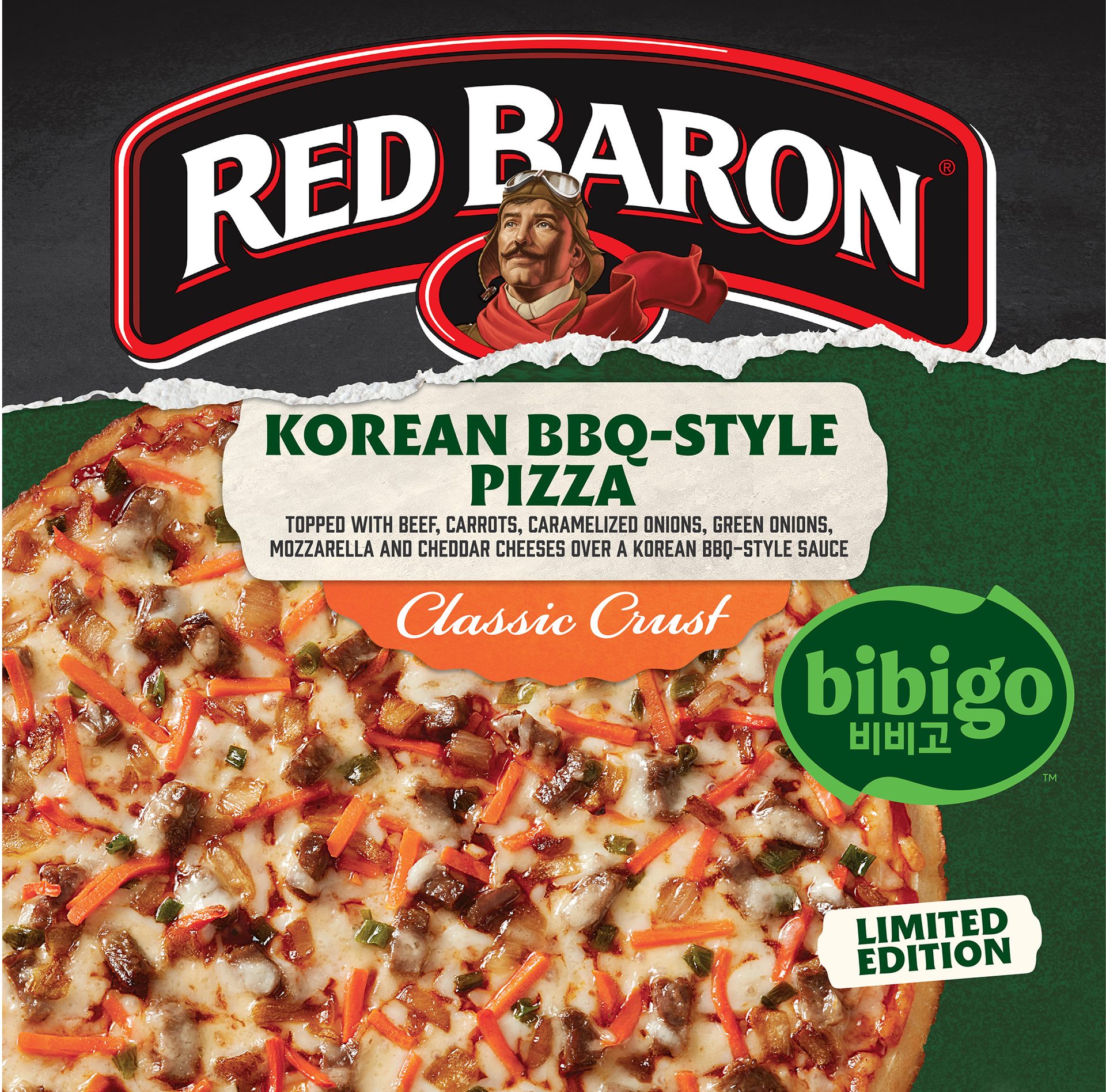Red Baron Korean BBQ-Style Pizza with beef, carrots, and cheese, classic crust, limited edition Bibigo.