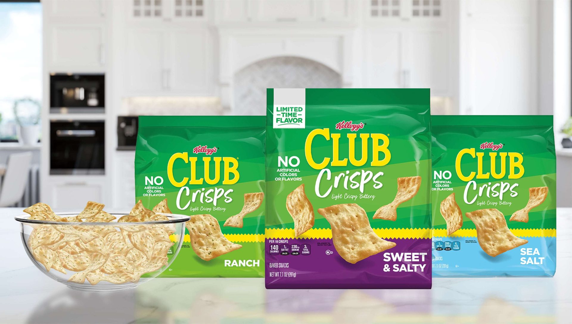 Kitchen background, Product line, Packages, Green, Purple, Crackers, Bowl