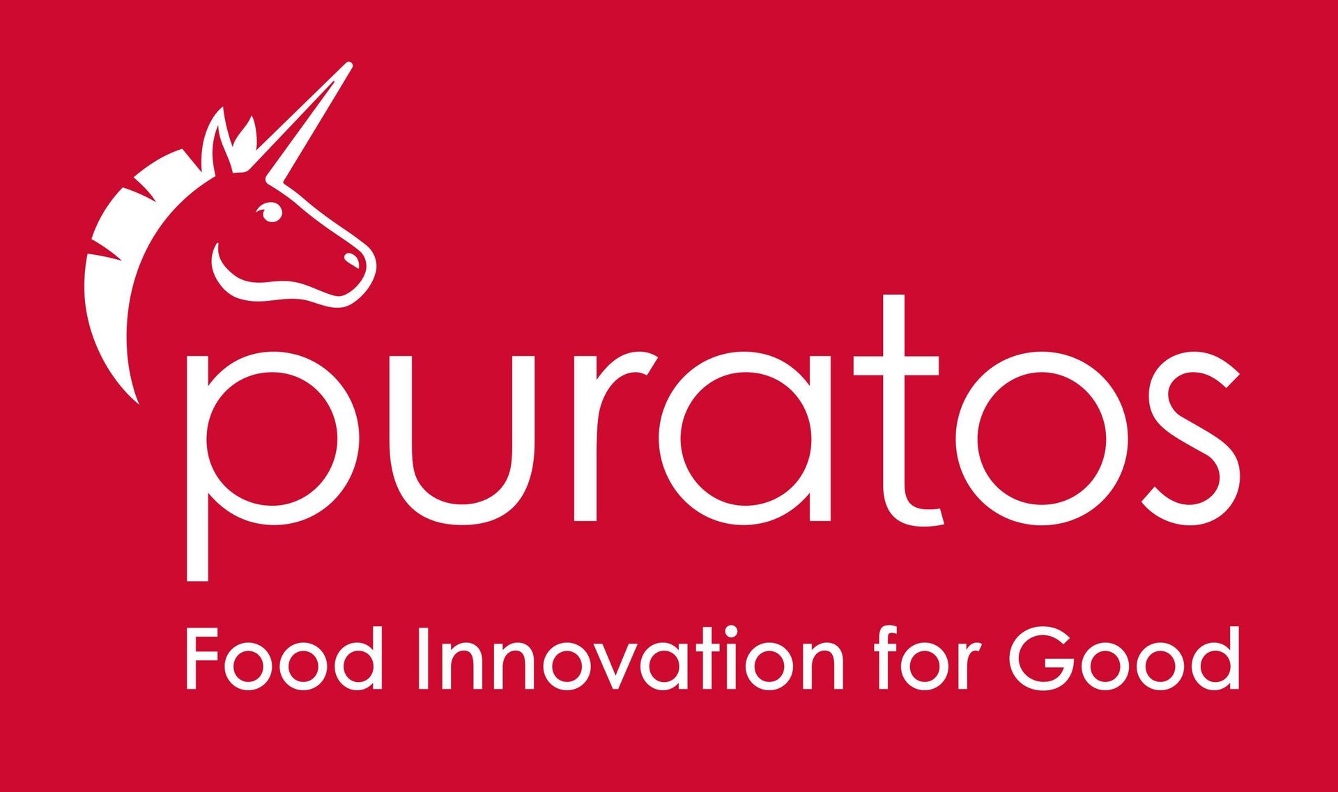Logo, Red backrgound, White icon, Text, Unicorn