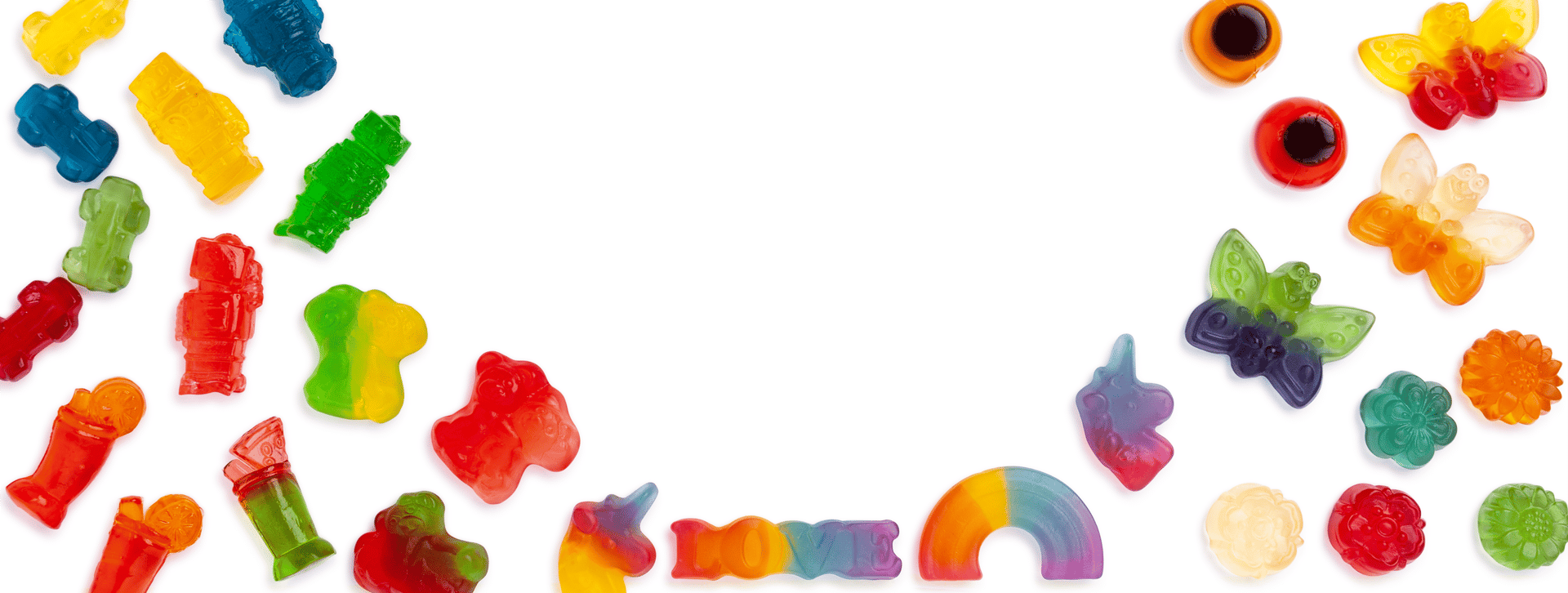 Font, Gummy candies, Shapes, Unicorn, Rainbow