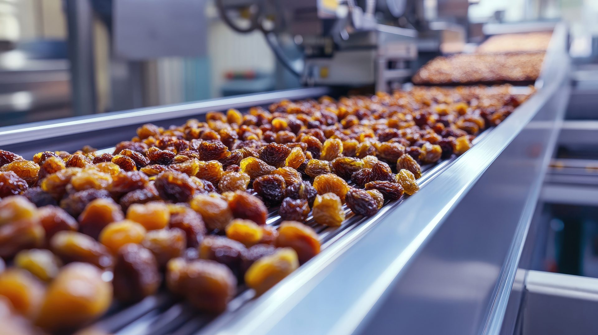 Raisins moving on a conveyor belt in a factory.