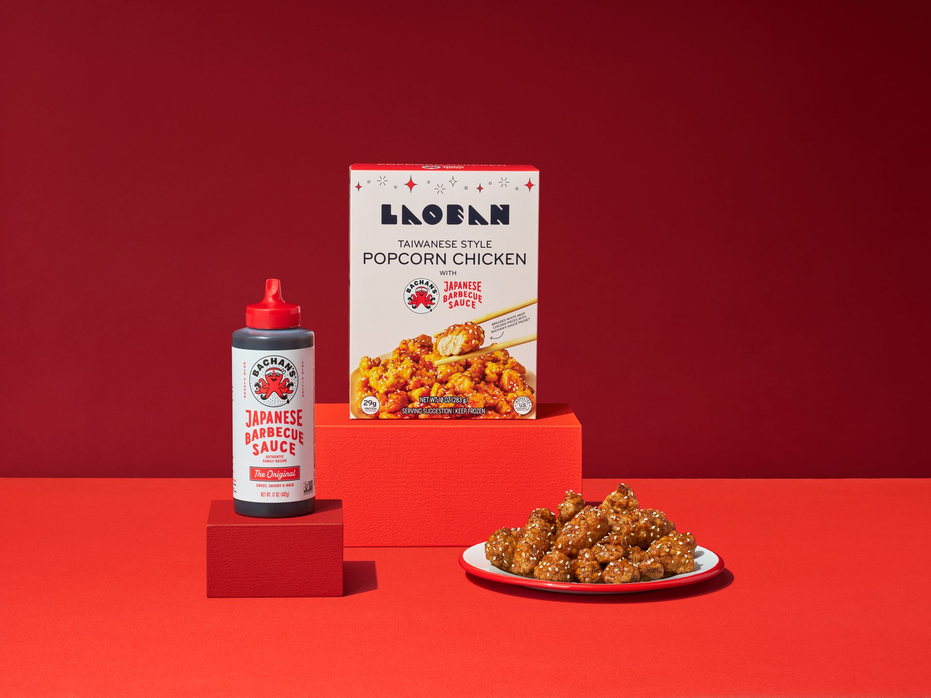 Laoban Taiwanese Popcorn Chicken box, Bachan's BBQ sauce bottle, and cooked chicken on a plate.