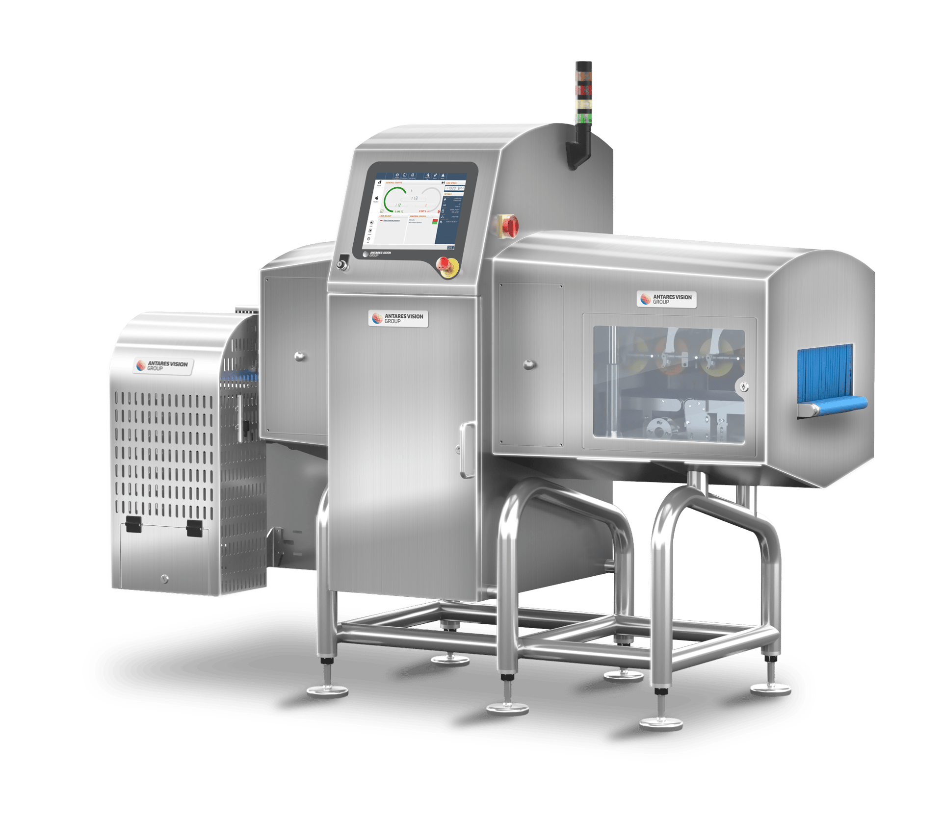 Antares Vision industrial inspection machine with a screen, conveyor, and clear inspection window.