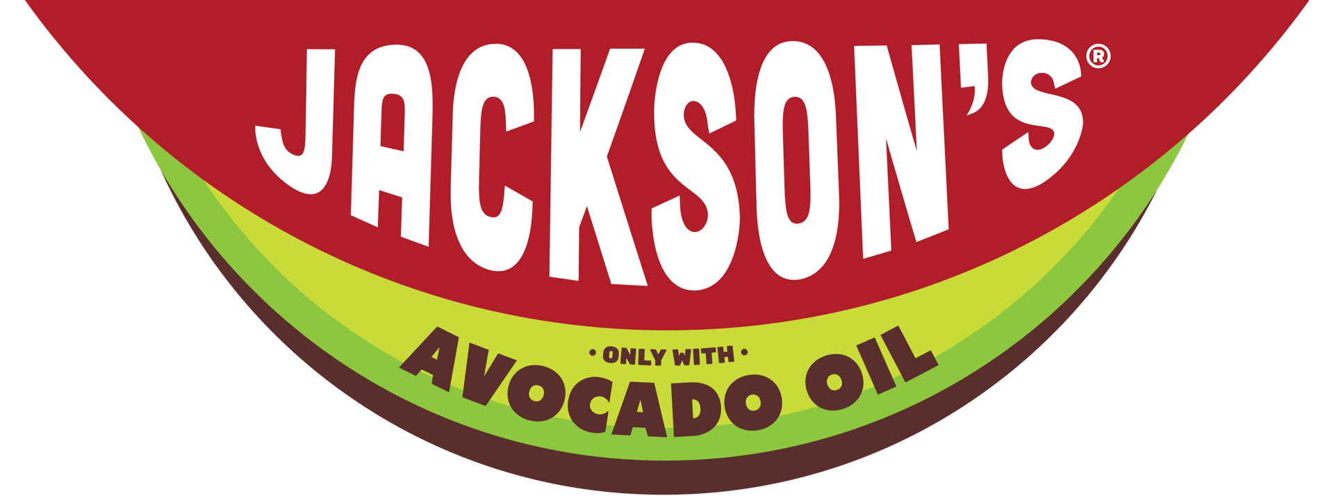 Jackson's logo in white on a red background, with 'Only With Avocado Oil' text on a green band below.
