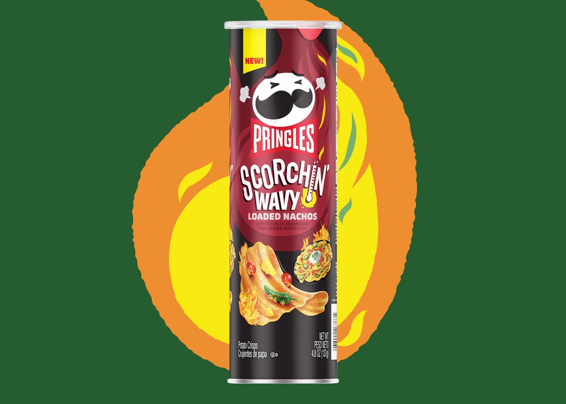 Flame, Dark green background, Dark red can, Chips, Pringles, Vegetables