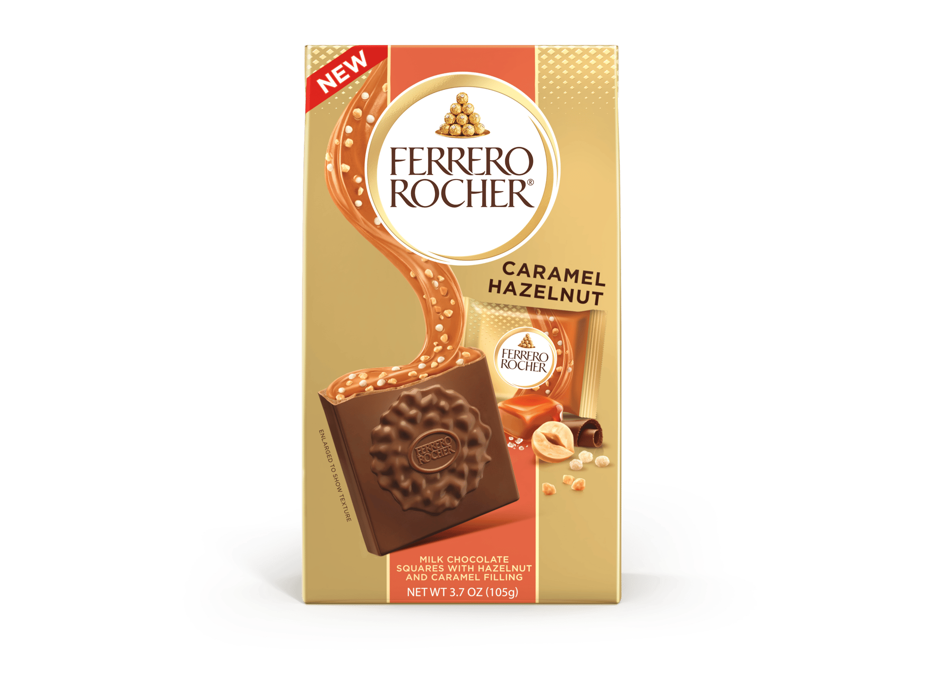 NEW Ferrero Rocher Caramel Hazelnut milk chocolate squares packaging, 3.7 oz (105g).