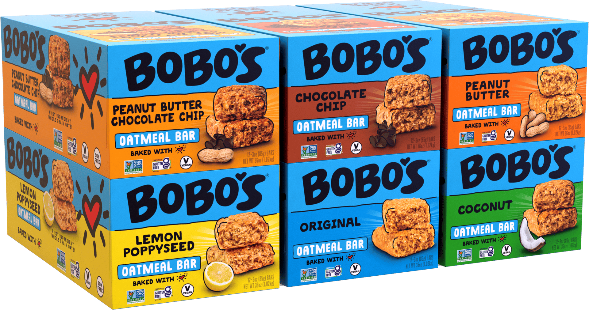 Bobo’s 3-oz oatmeal bars, in various flavors, in boxes