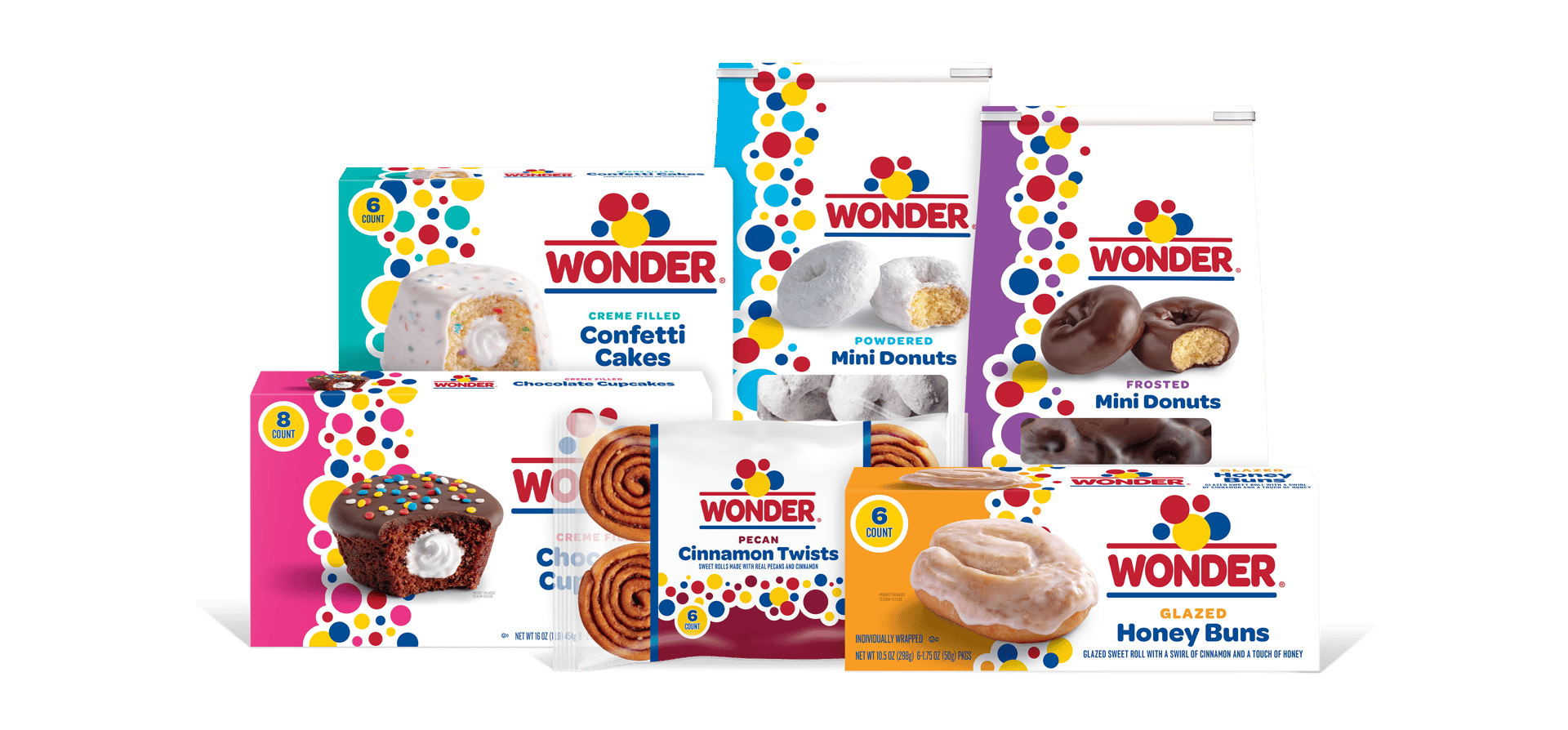 Wonder snack cakes and donuts in colorful packaging.