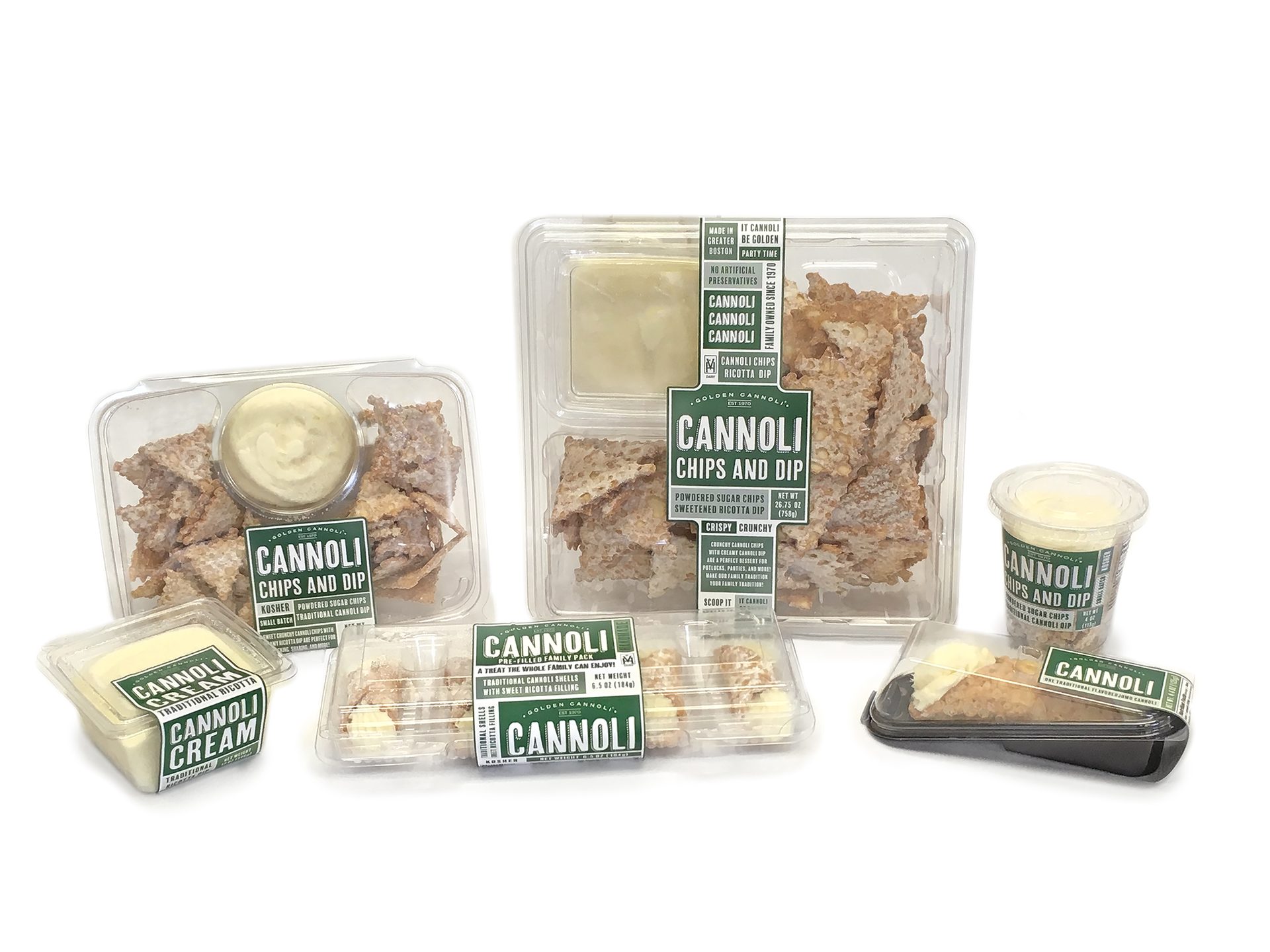 A variety of packaged Golden Cannoli products, including chips & dip, cream, and filled cannoli.