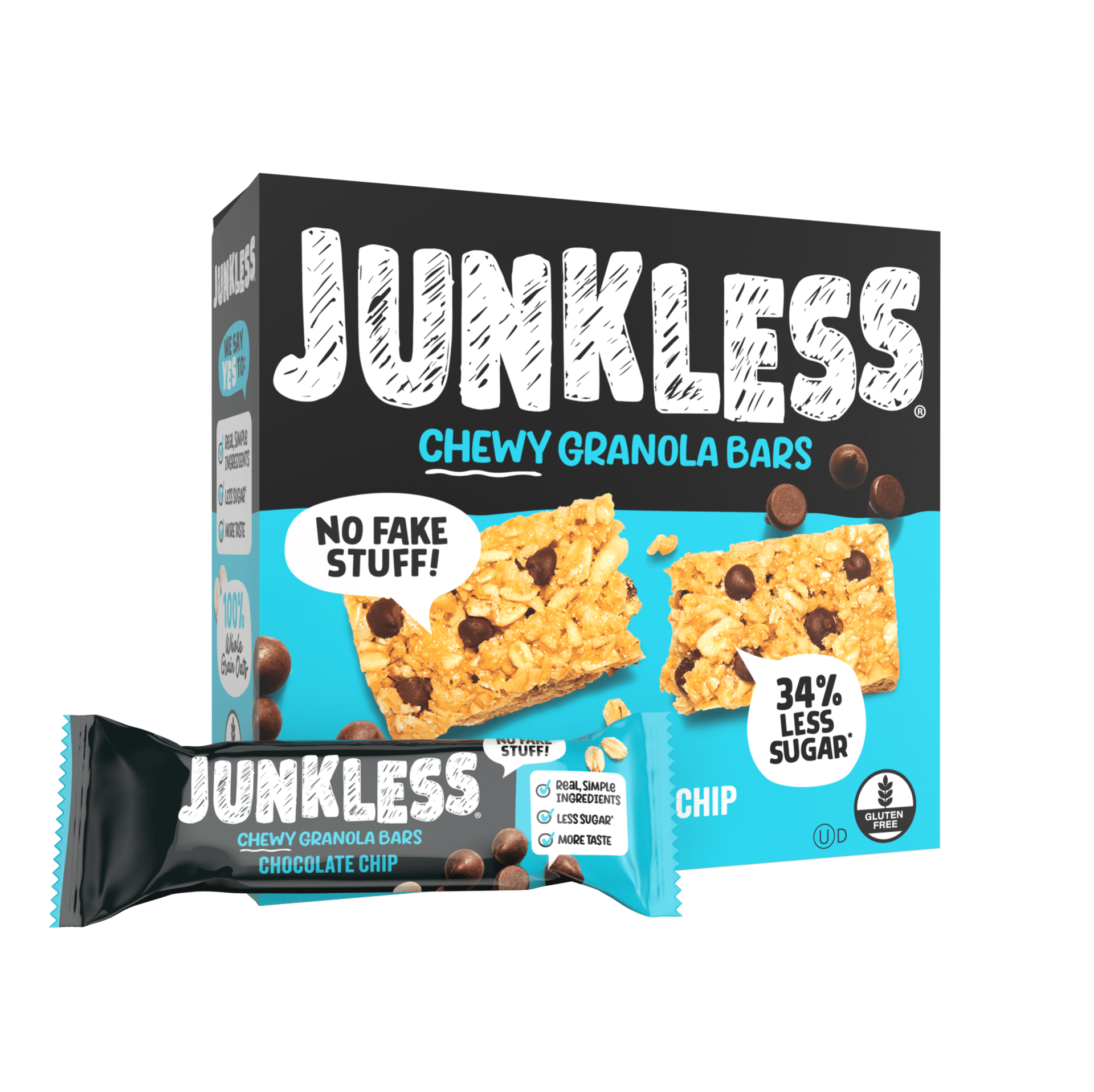 Junkless Chocolate Chip Chewy Granola Bars box with white text and a black and teal background.