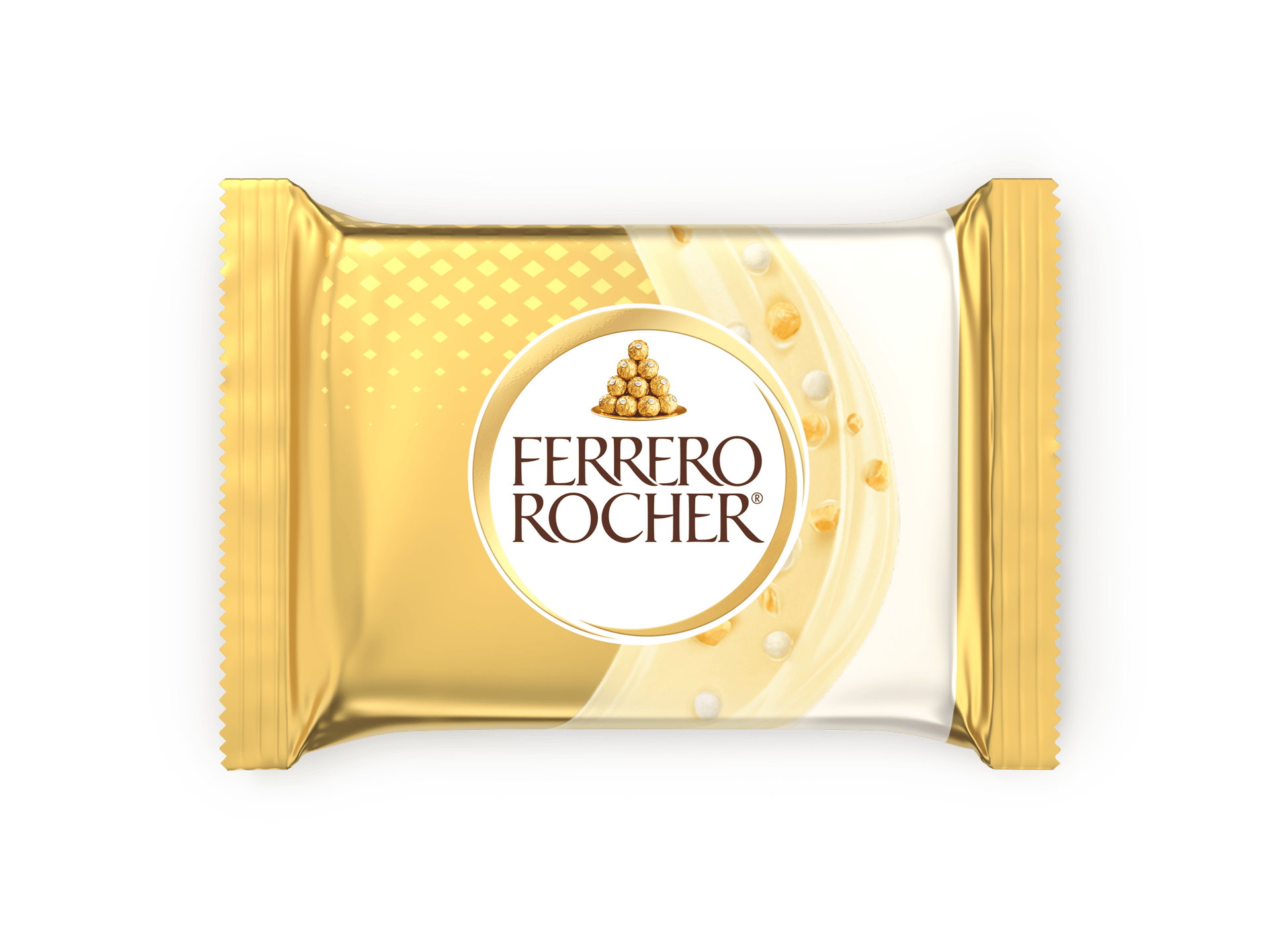 Ferrero Rocher white chocolate bar in gold and white packaging with logo.