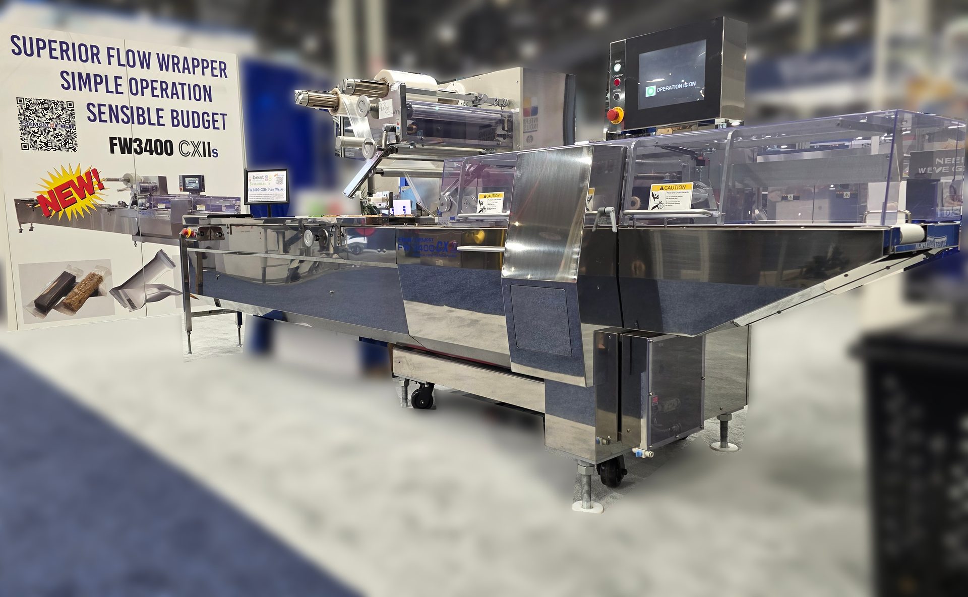 New FW3400 CXIIs flow wrapper for simple operation & sensible budget, with product display.