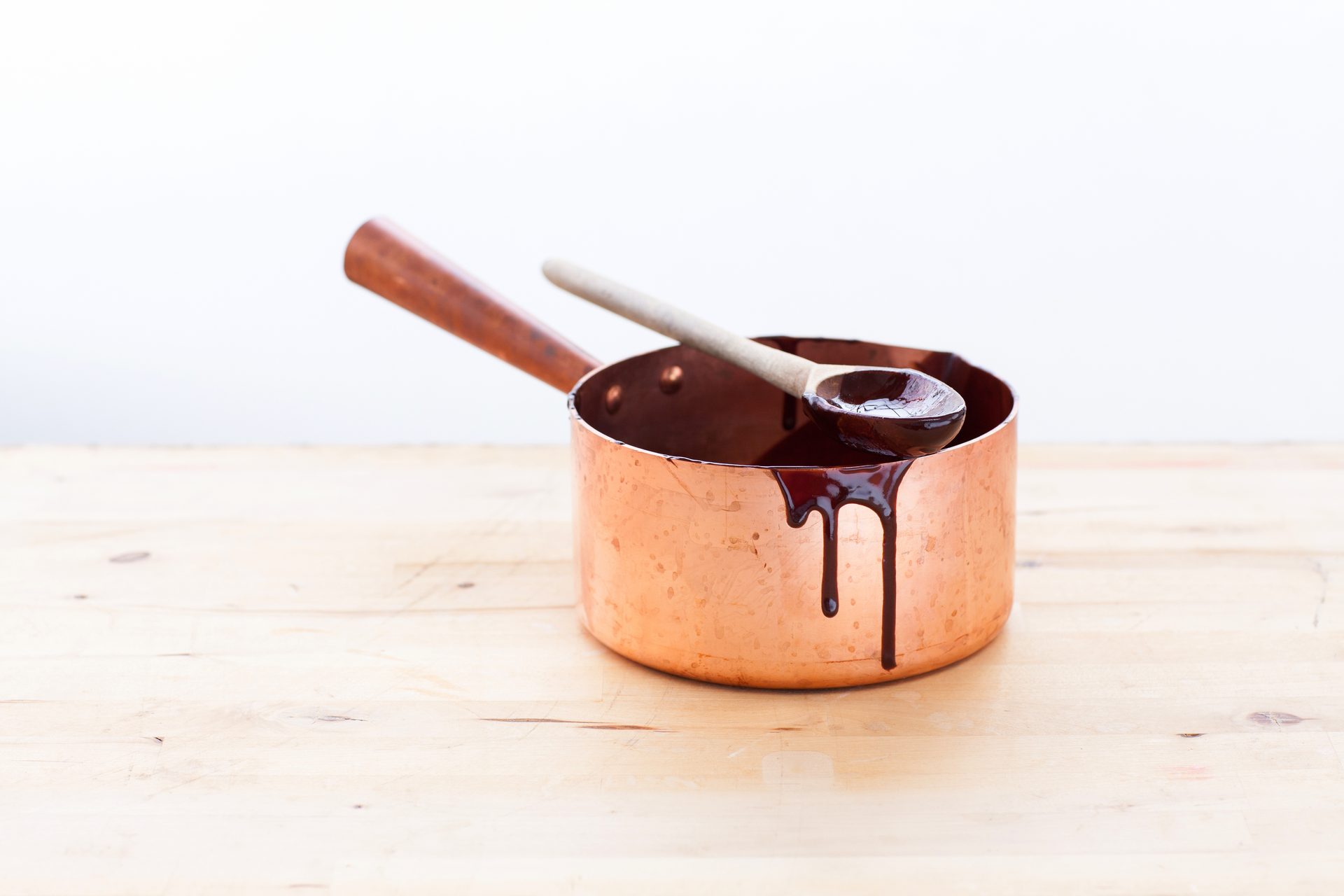 Copper pot, Melted chocolate, Spoon, Wood table