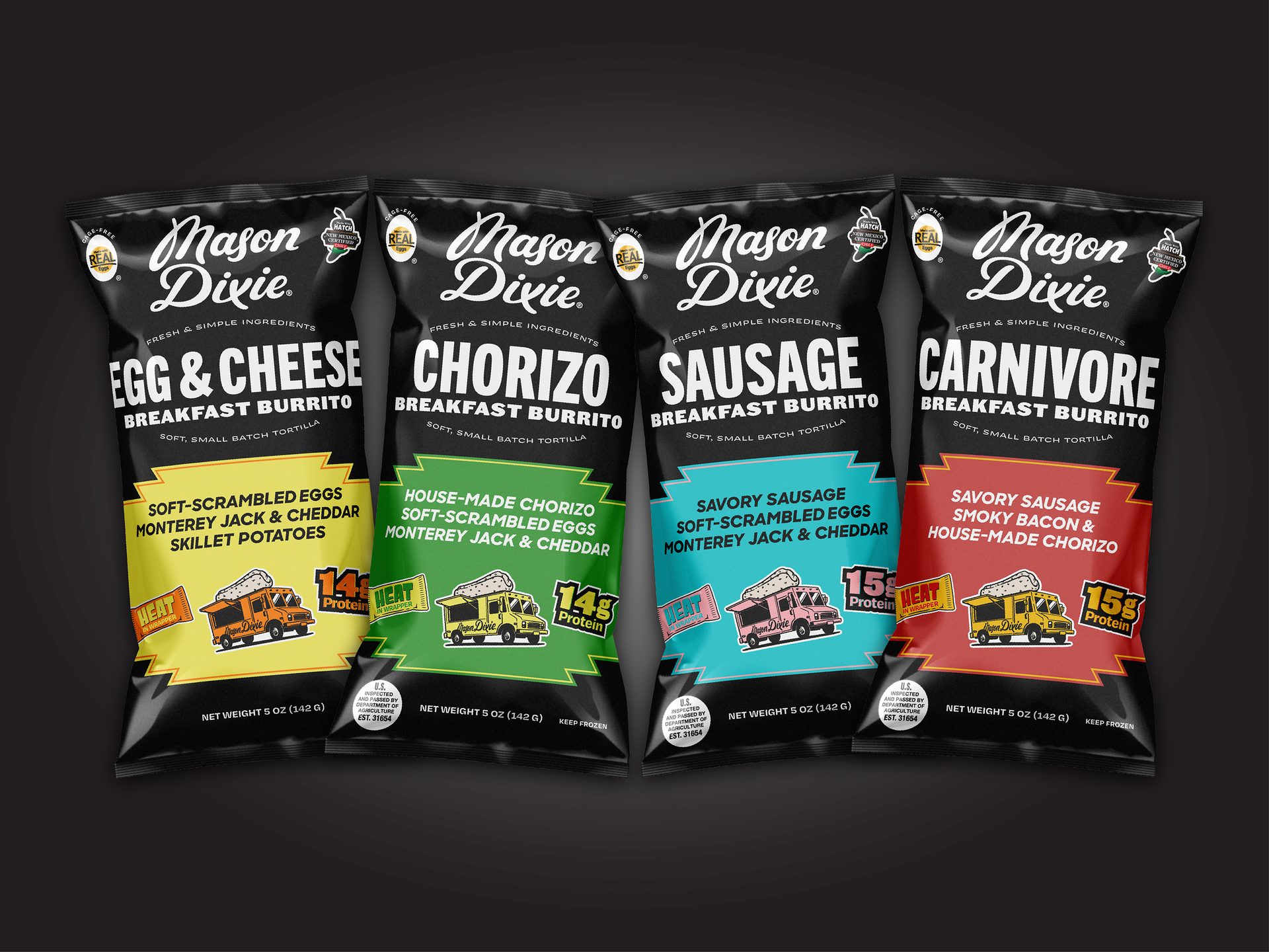 The full lineup of Mason Dixie breakfast burritos, on a black background