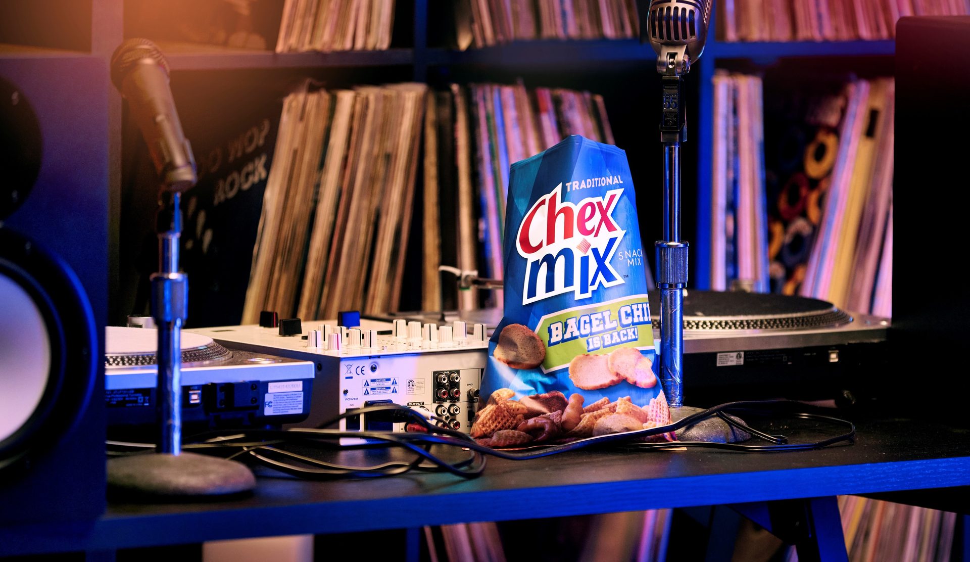 Audio equipment, Desk, Bagel chips snack bag