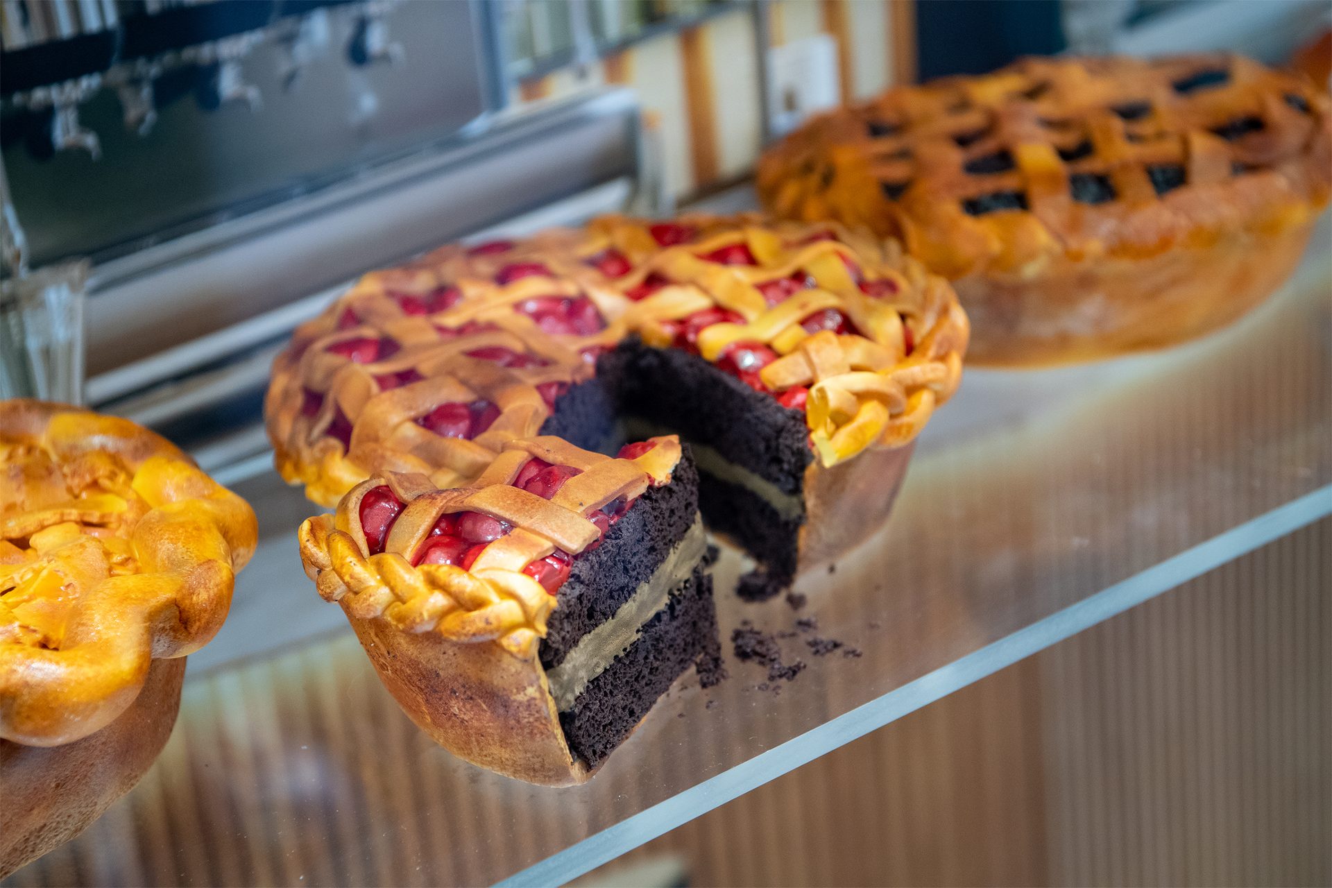 Display of cakes decorated to look like pies