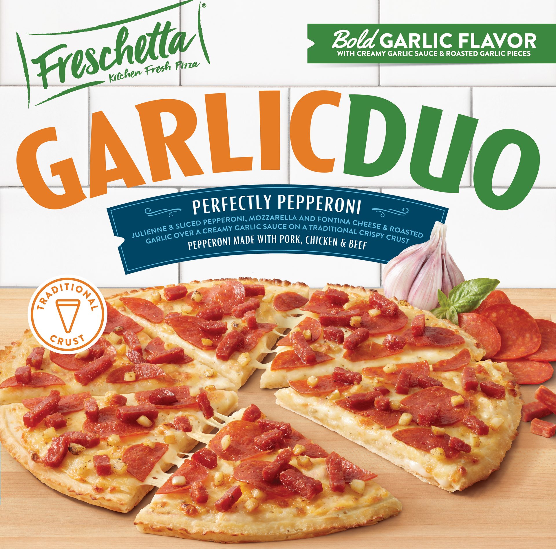 Freschetta Garlic Duo Pepperoni Pizza in a box with orange and green text on it
