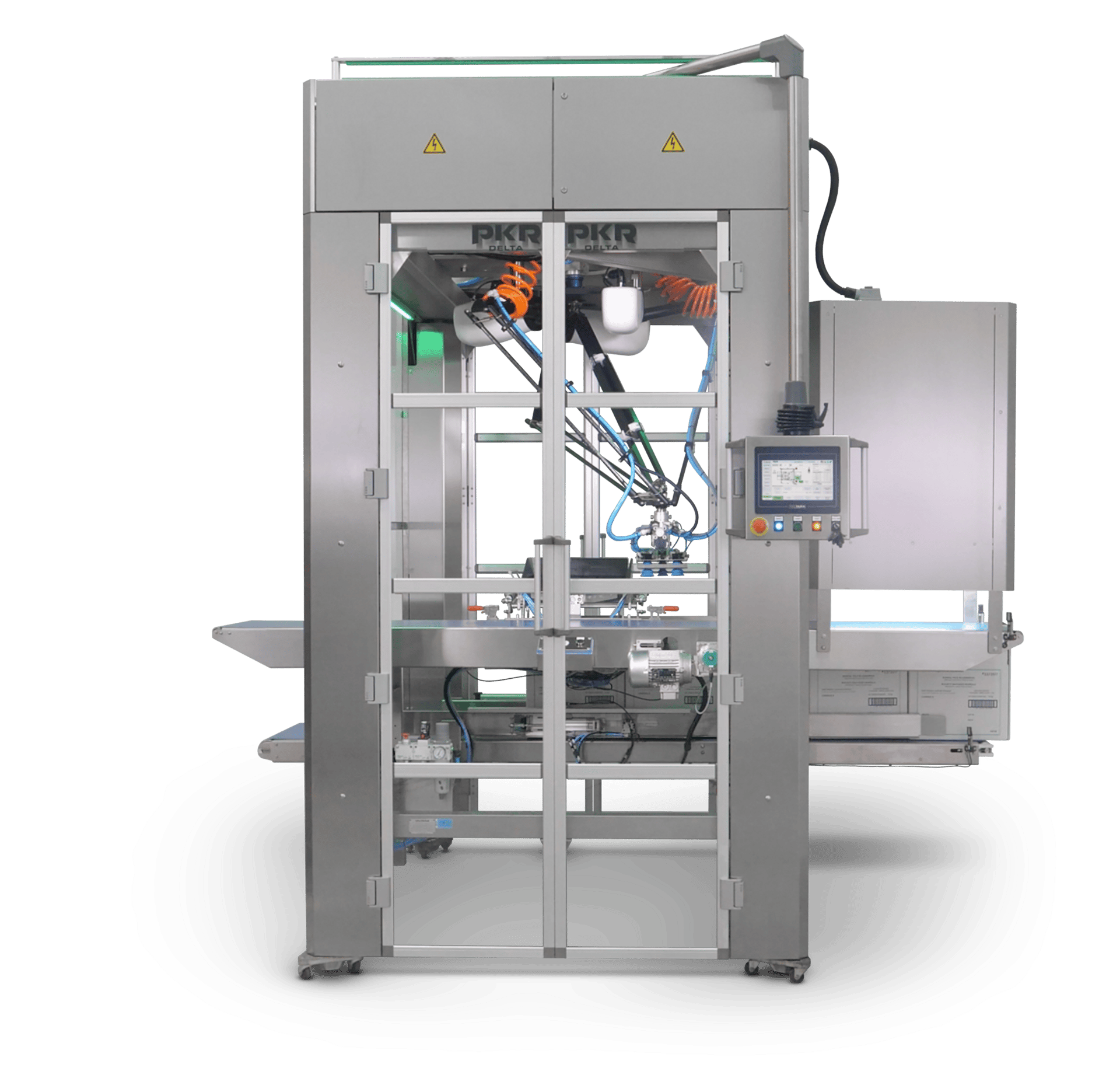 Industrial delta robot machine with a control panel, enclosed in stainless steel, for automated processes.