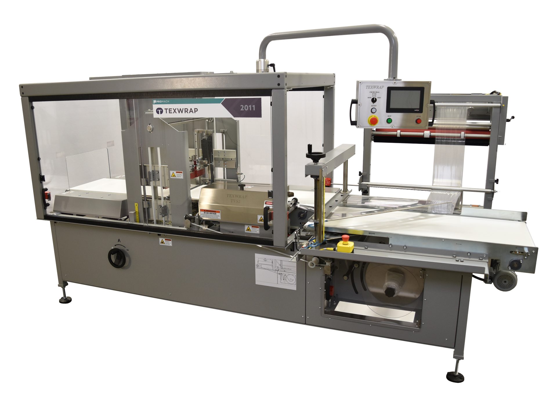 Grey industrial Texwrap packaging machine with clear guards, control panel, and film.
