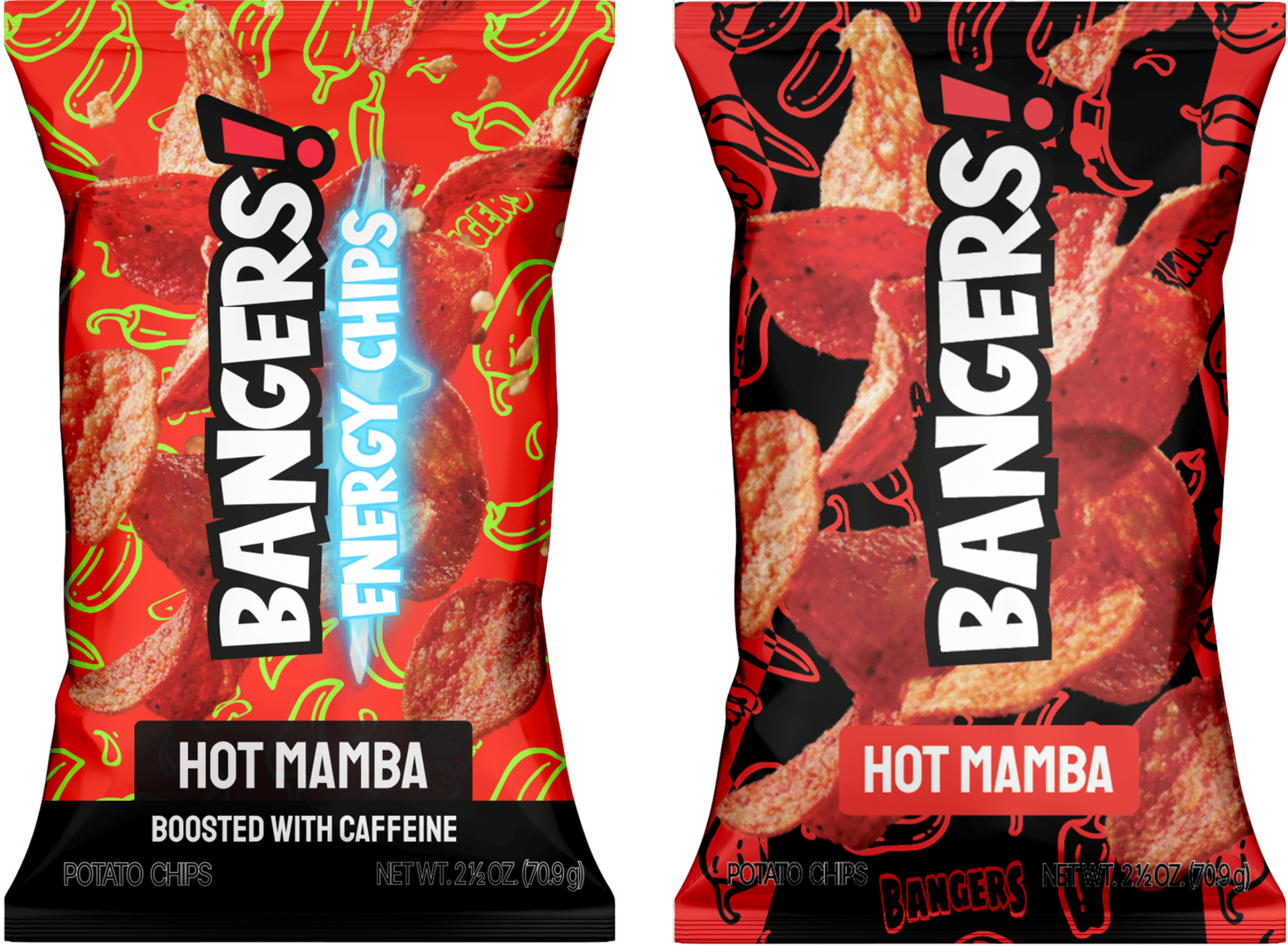 Two "Bangers! Hot Mamba" chip bags: one red "Energy Chips" with caffeine, one black. Both 2.5 oz.