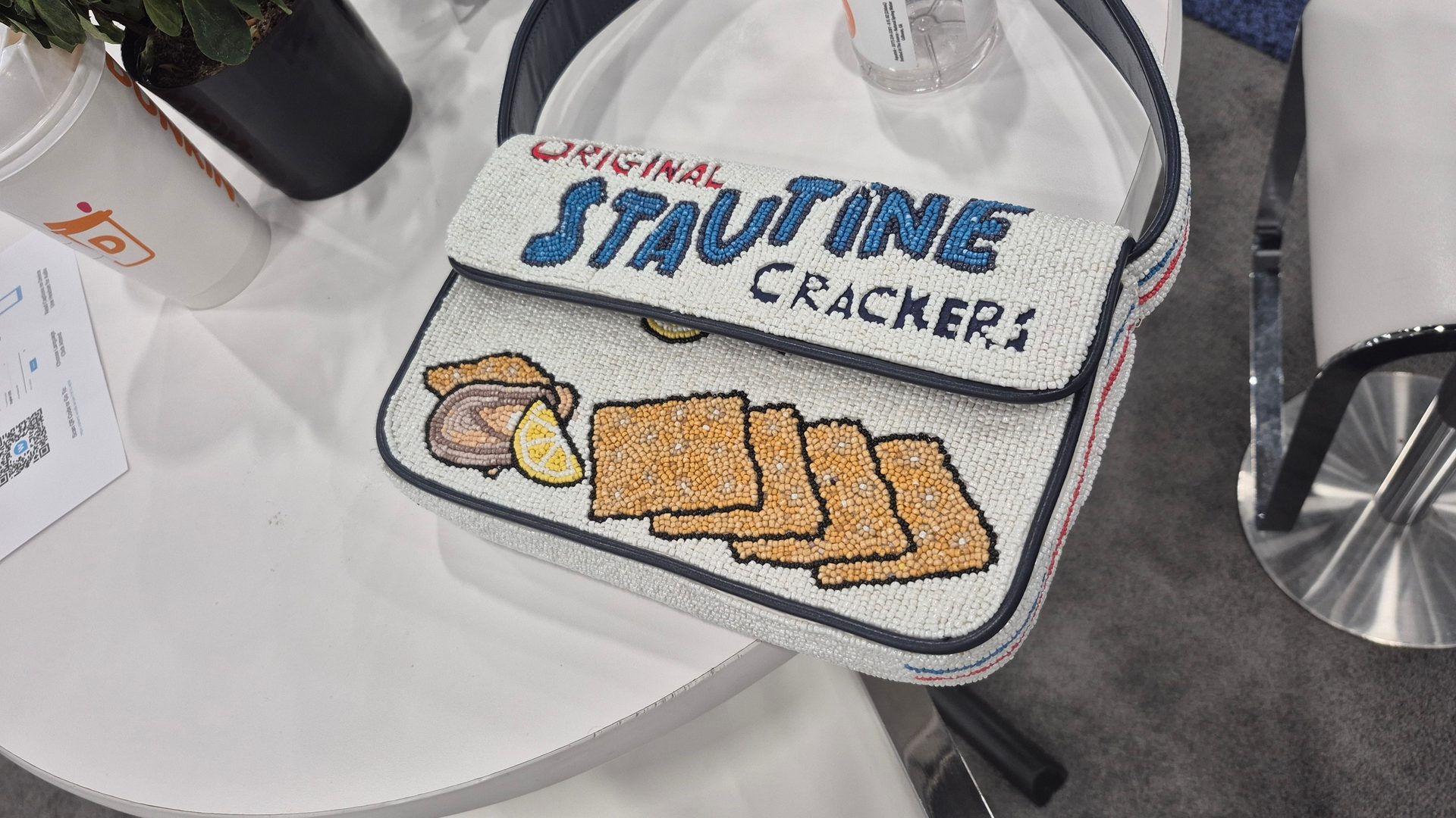 Beaded "Stautine Cracker" handbag with cracker and lemon design.