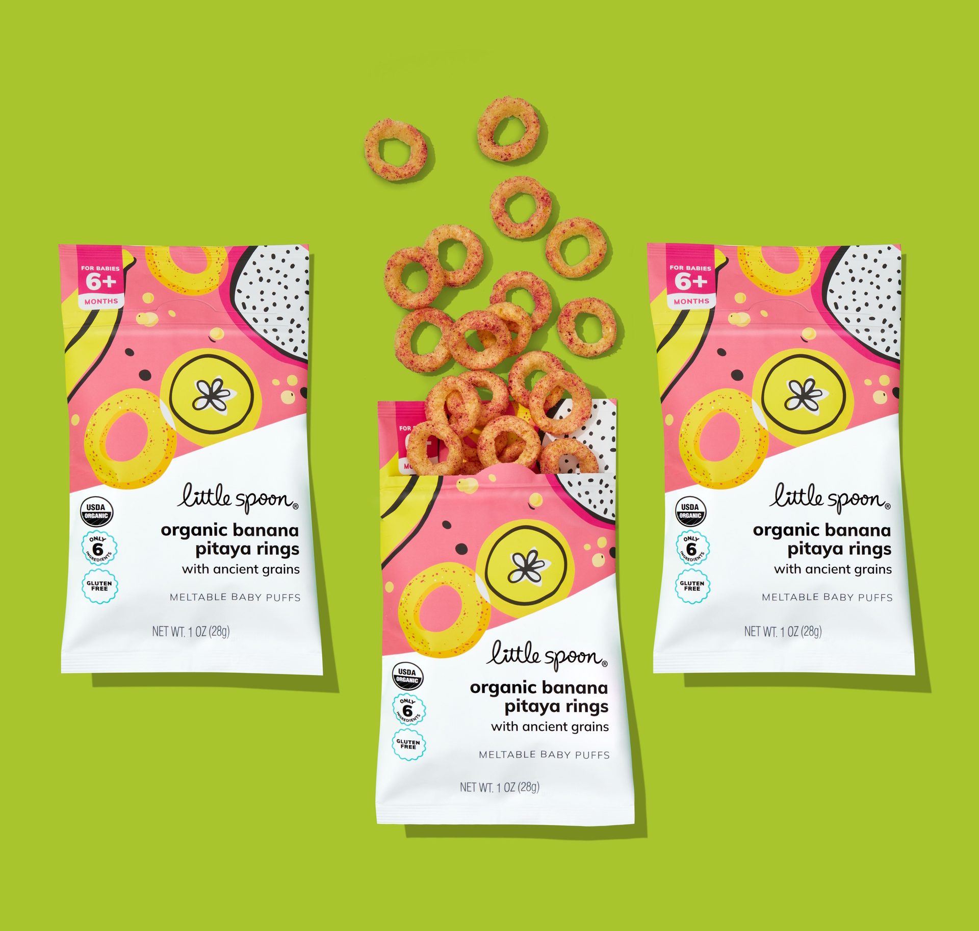 Green background, Snack packages, Pink, Rings