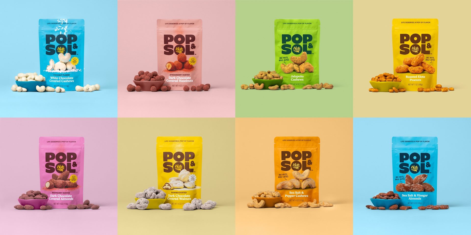 collage of Pop & Sol snack nut products