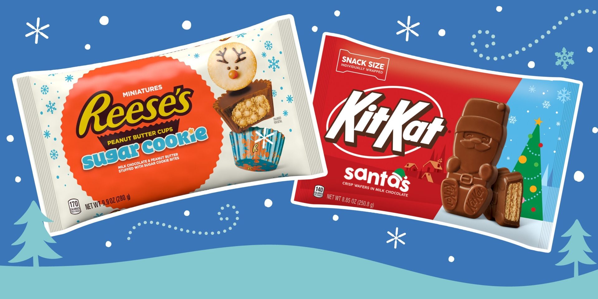 Bags of Kit Kat Santas and Reese’s Sugar Cookie Miniatures