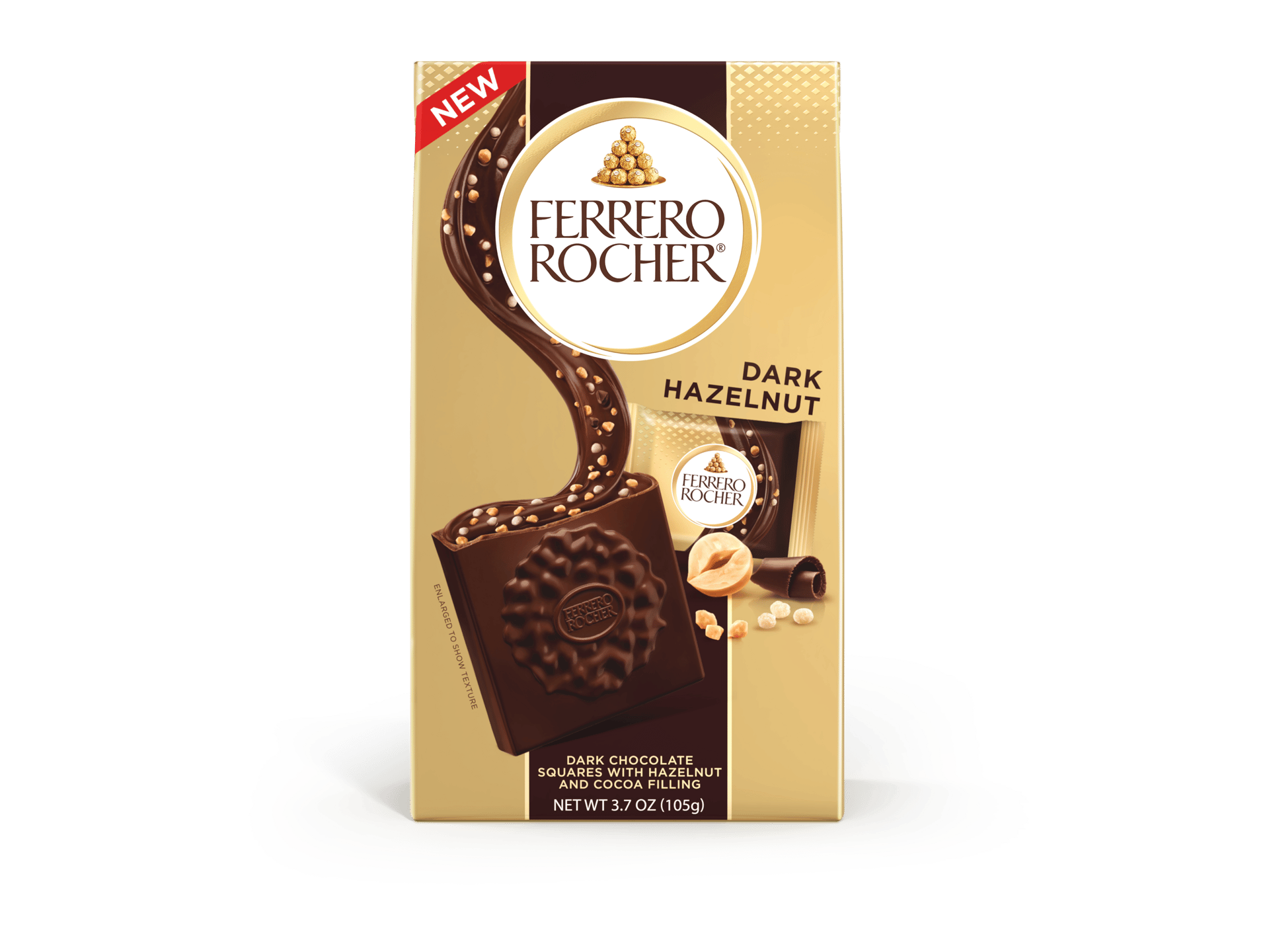 Ferrero Rocher Dark Hazelnut chocolate squares in a gold box with a "NEW" label.