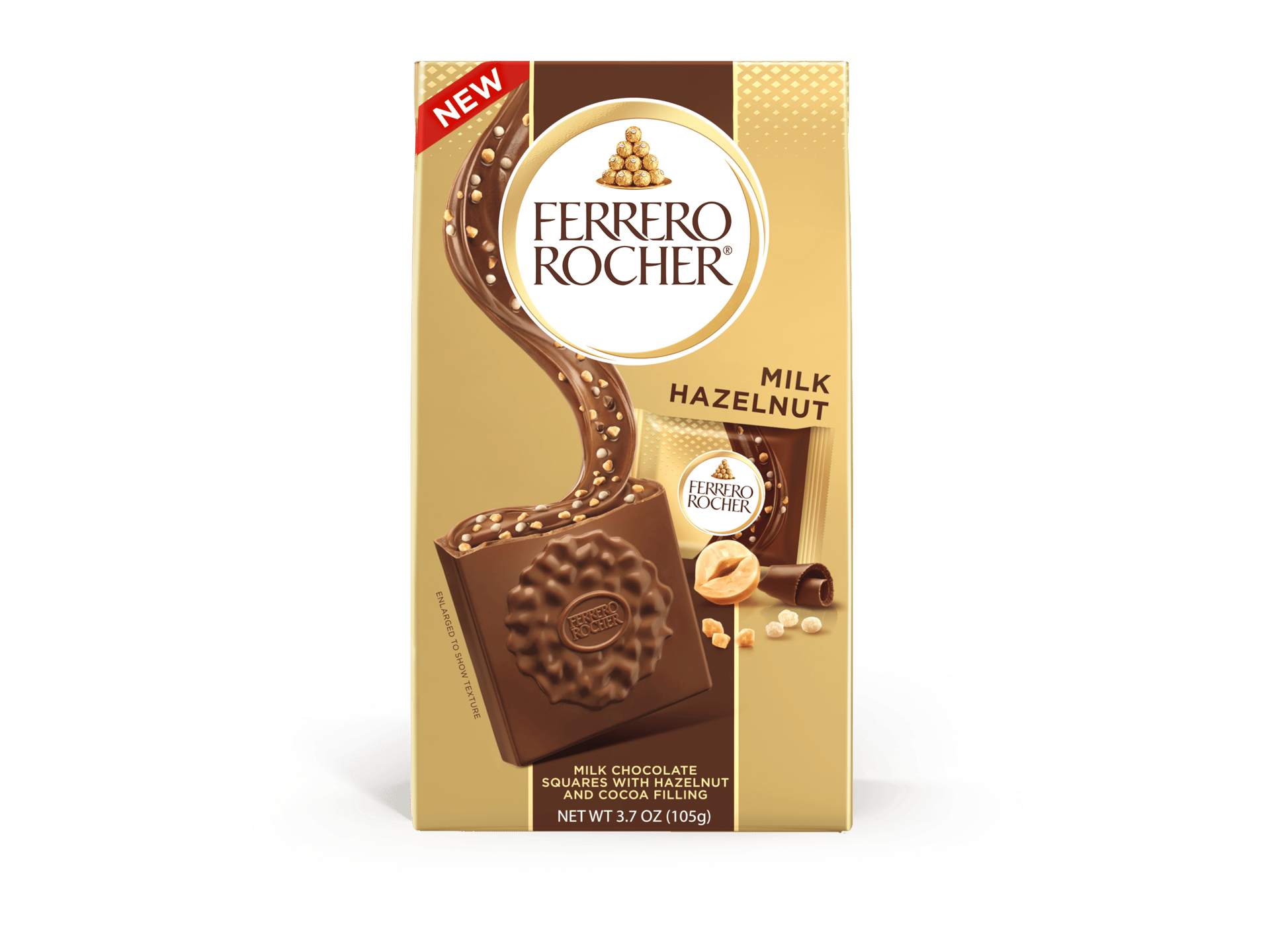 New Ferrero Rocher Milk Hazelnut chocolate bar packaging, with chocolate squares and nuts.