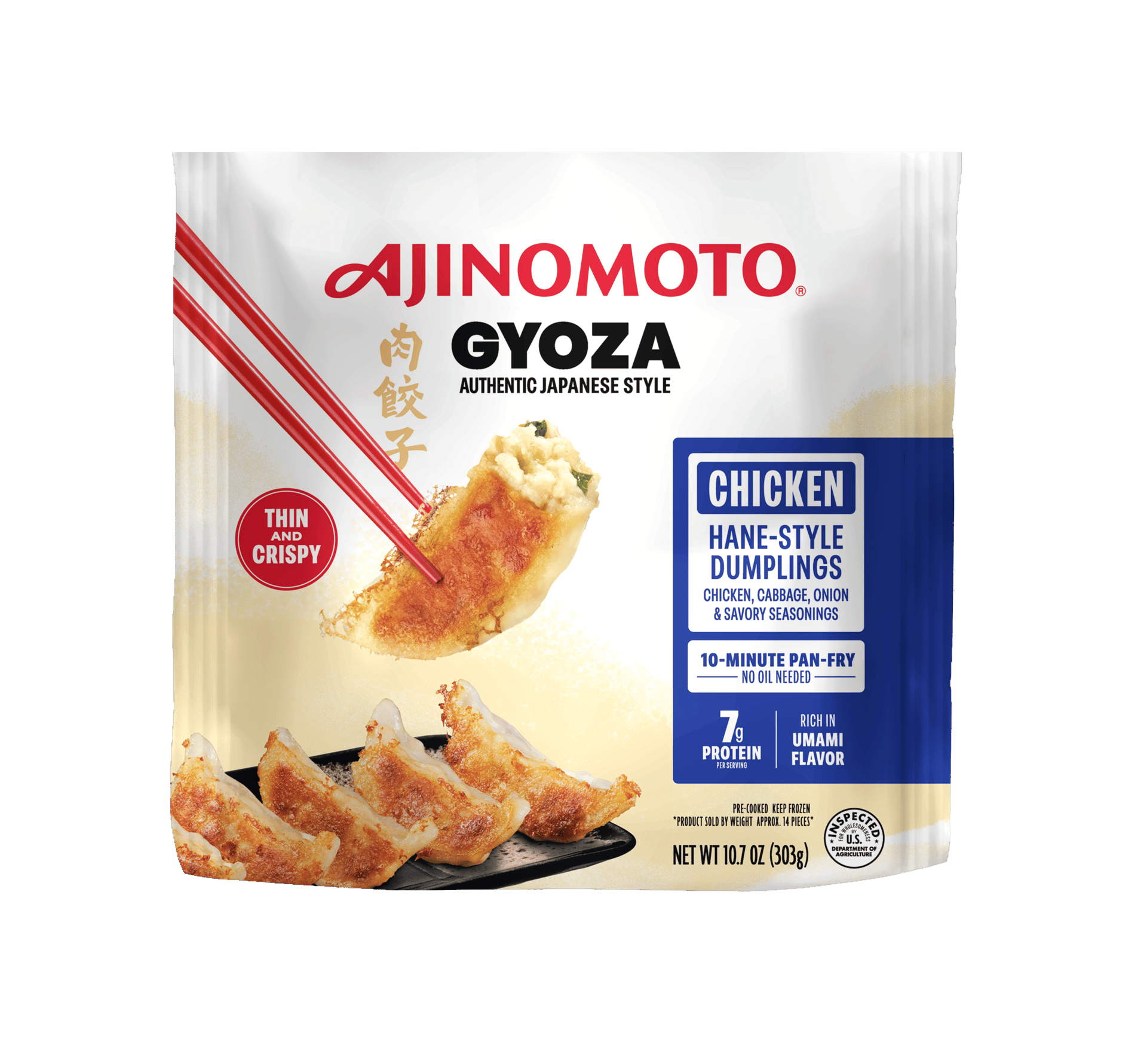 Ajinomoto Gyoza pouch with crispy chicken dumplings, one held by chopsticks, featuring 7g protein and umami flavor.