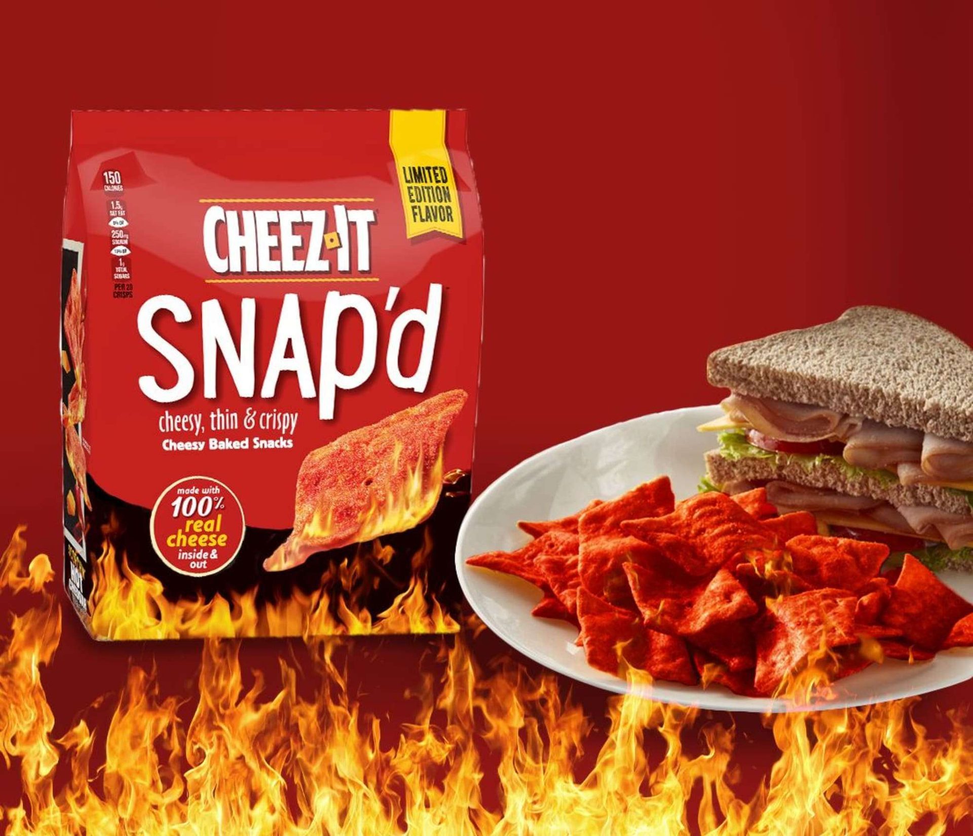 Red, Sandwich, Crunchy snacks, Cheez-Its, Flames, Bag, Plate