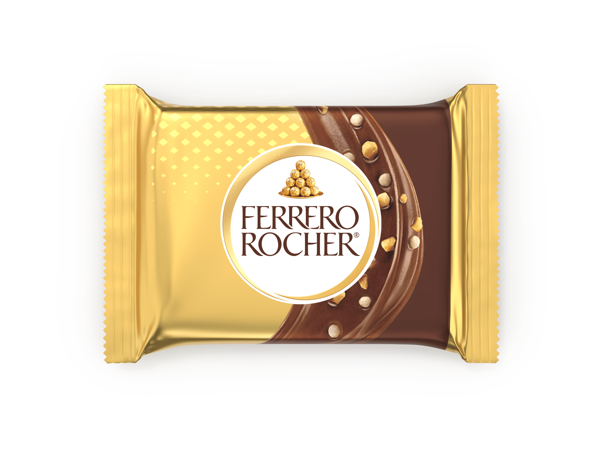 Ferrero Rocher chocolate bar in gold wrapper, with chocolate, nuts, and logo.