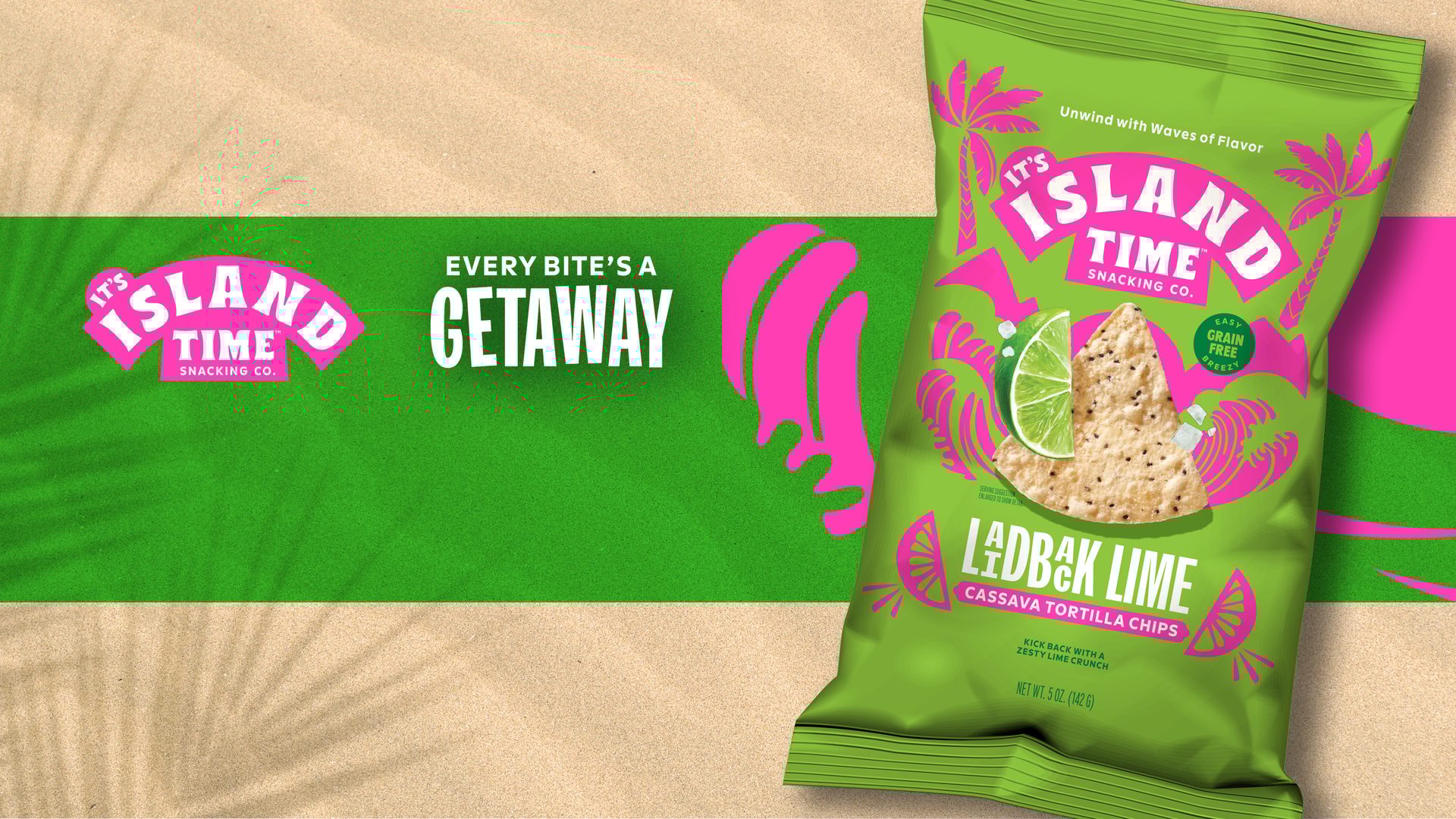 Vibrant green bag of Island Time Ladbak Lime Cassava Tortilla Chips on a beach background.