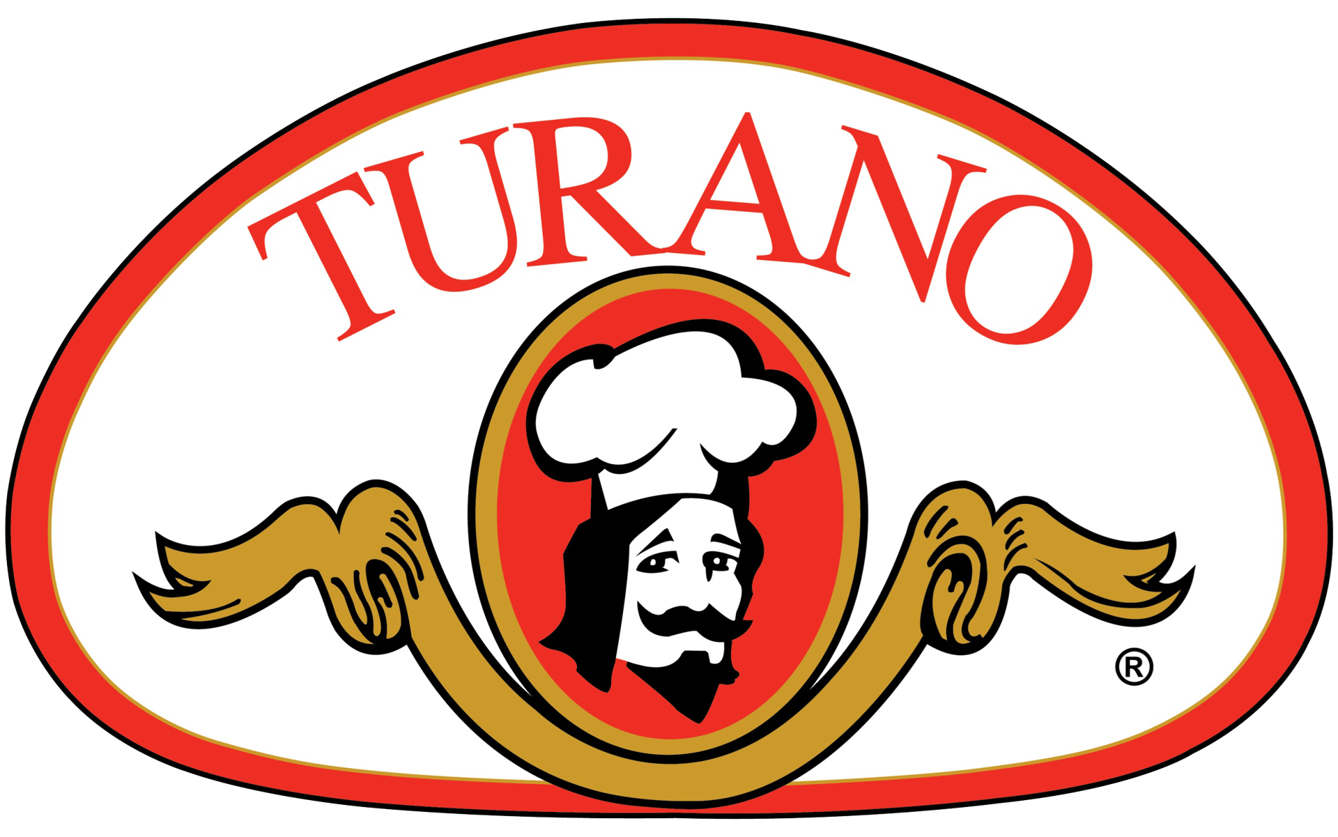 Turano logo: red and white oval with "TURANO" text and a chef in a toque, mustache, and beard.