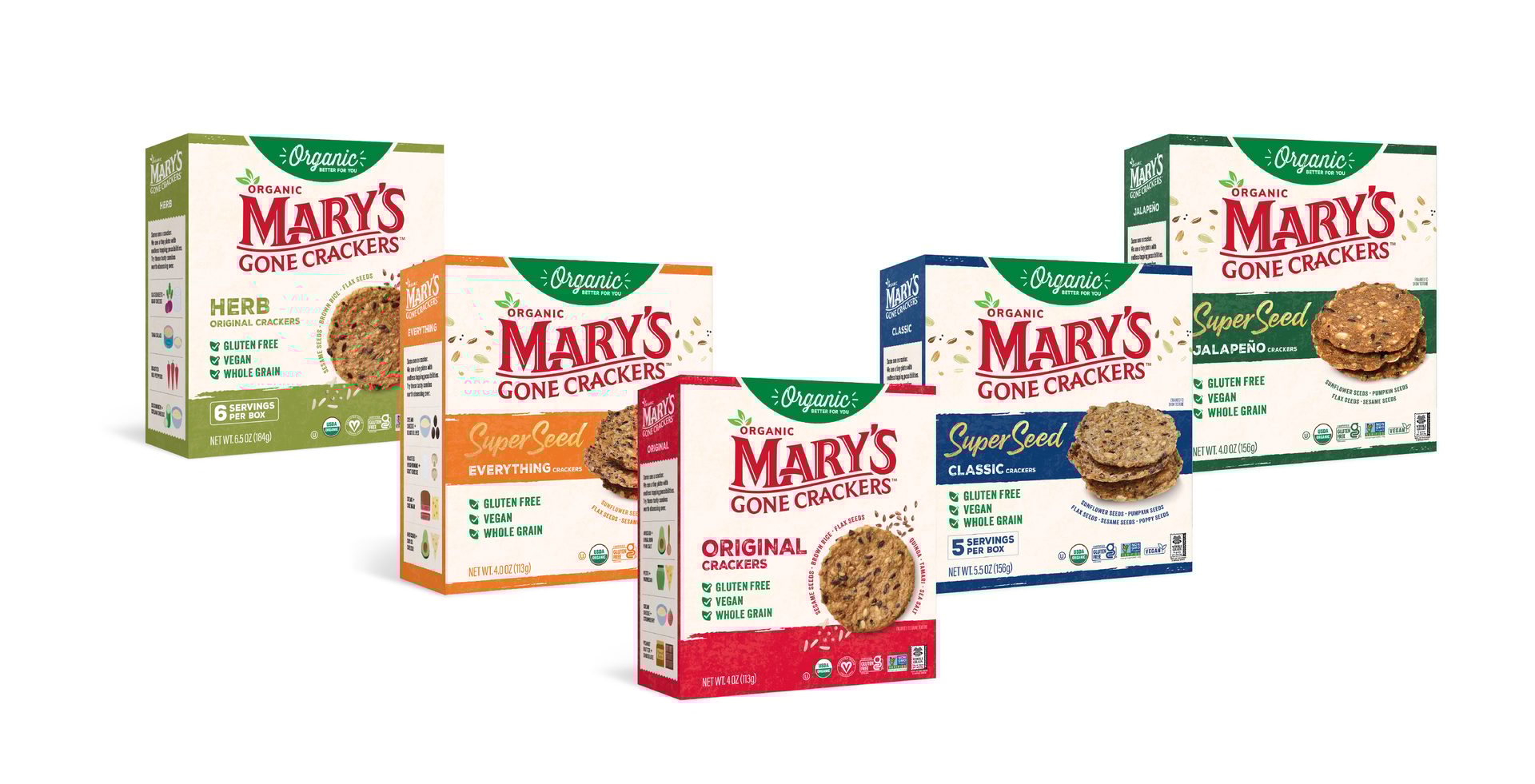 Mary’s Gone Crackers mix of crackers, including supersede, plus Original flavor and Herb flavor
