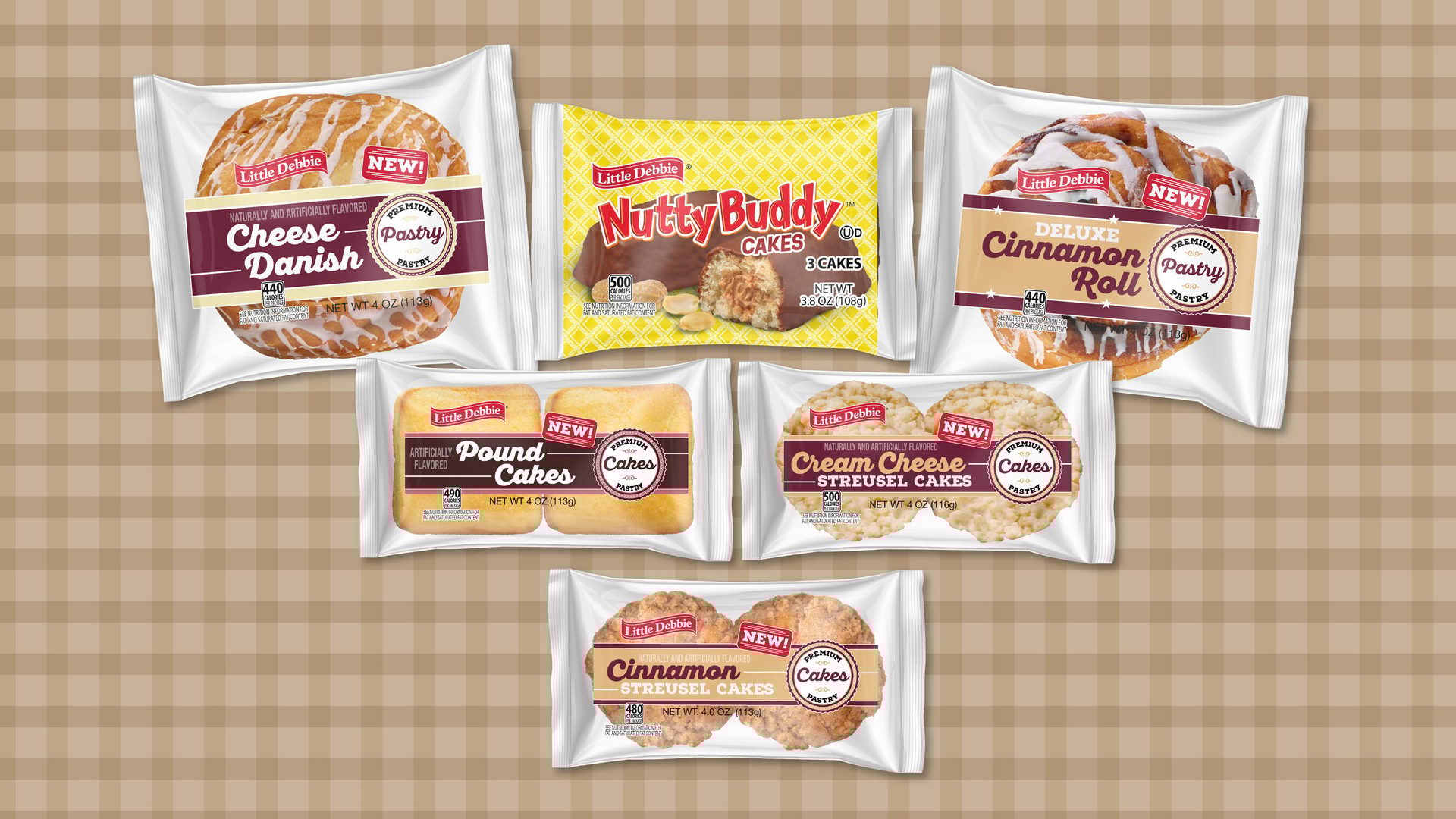 Various Little Debbie snack packages: Cheese Danish, Nutty Buddy, Cinnamon Roll, Pound, and Streusel Cakes.