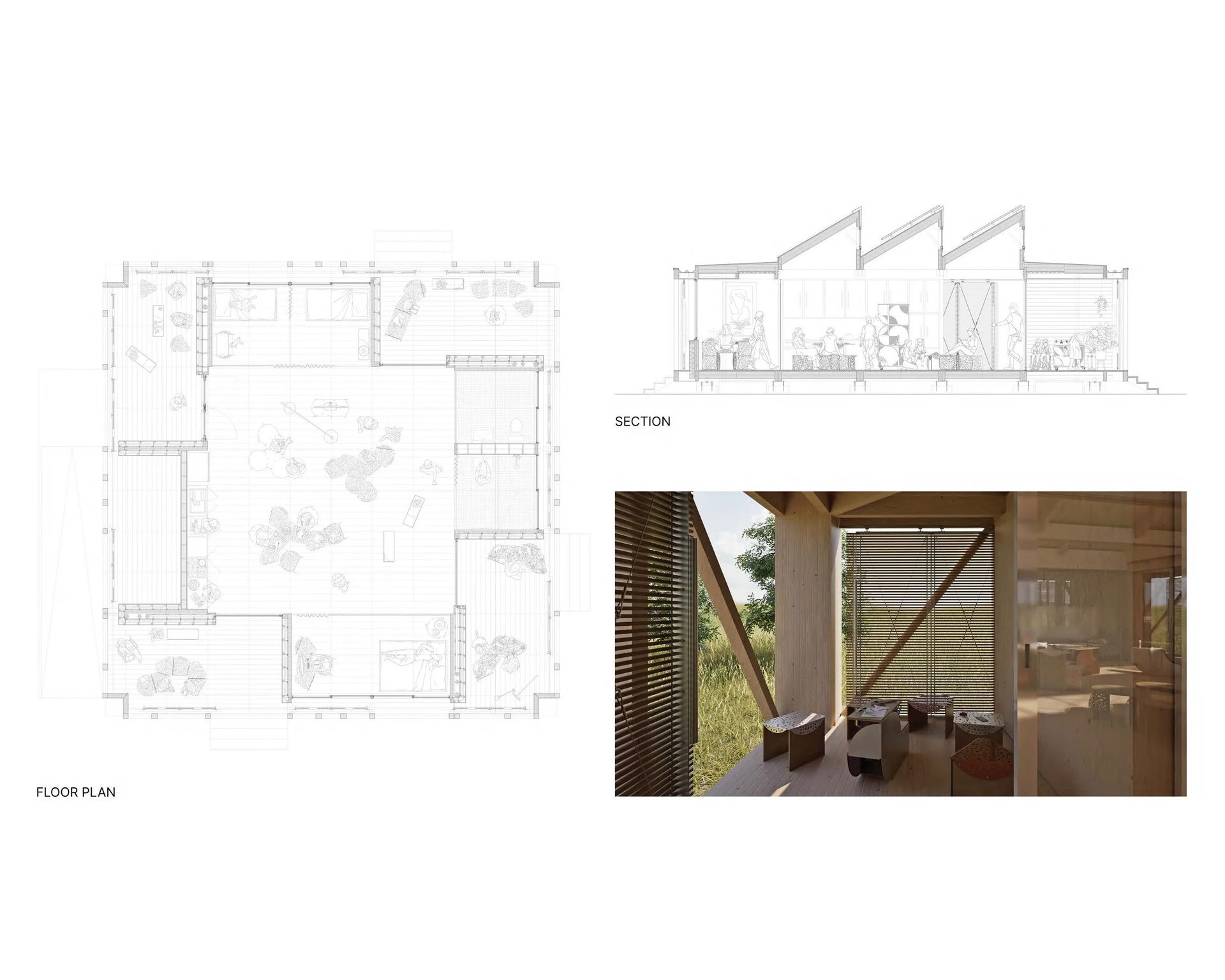 Floor plan, section, and interior rendering of a modern wooden building with sloped roofs.