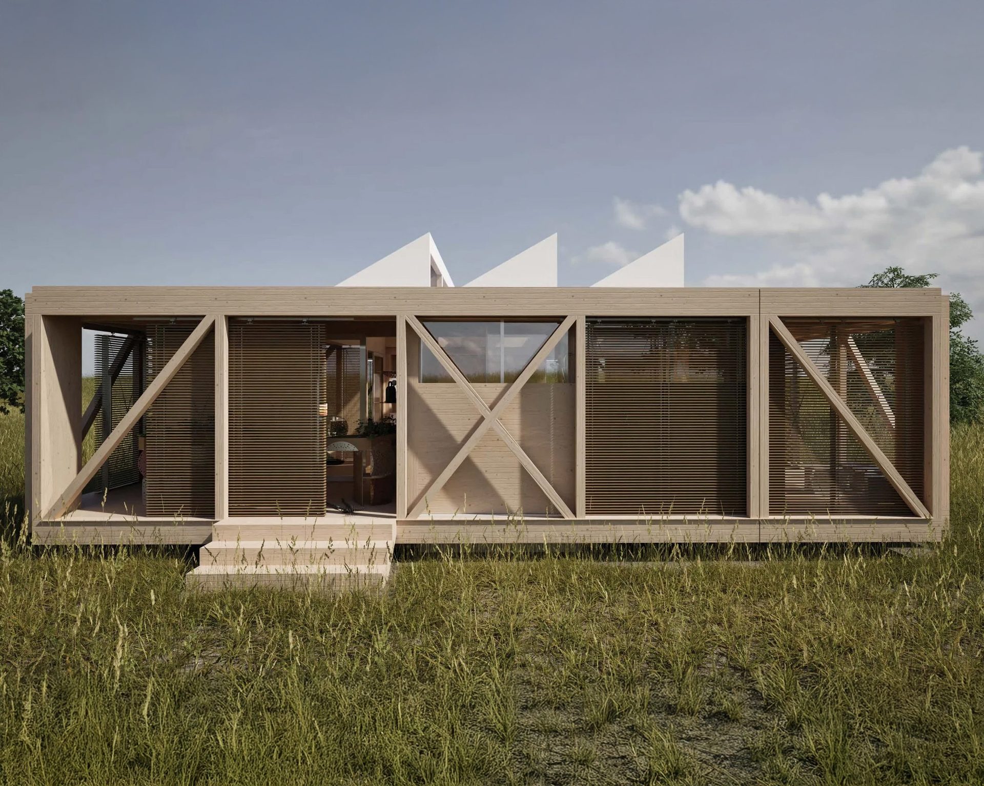 Modern wooden cabin with slatted blinds in a grassy field under a cloudy sky, showcasing minimalist design.